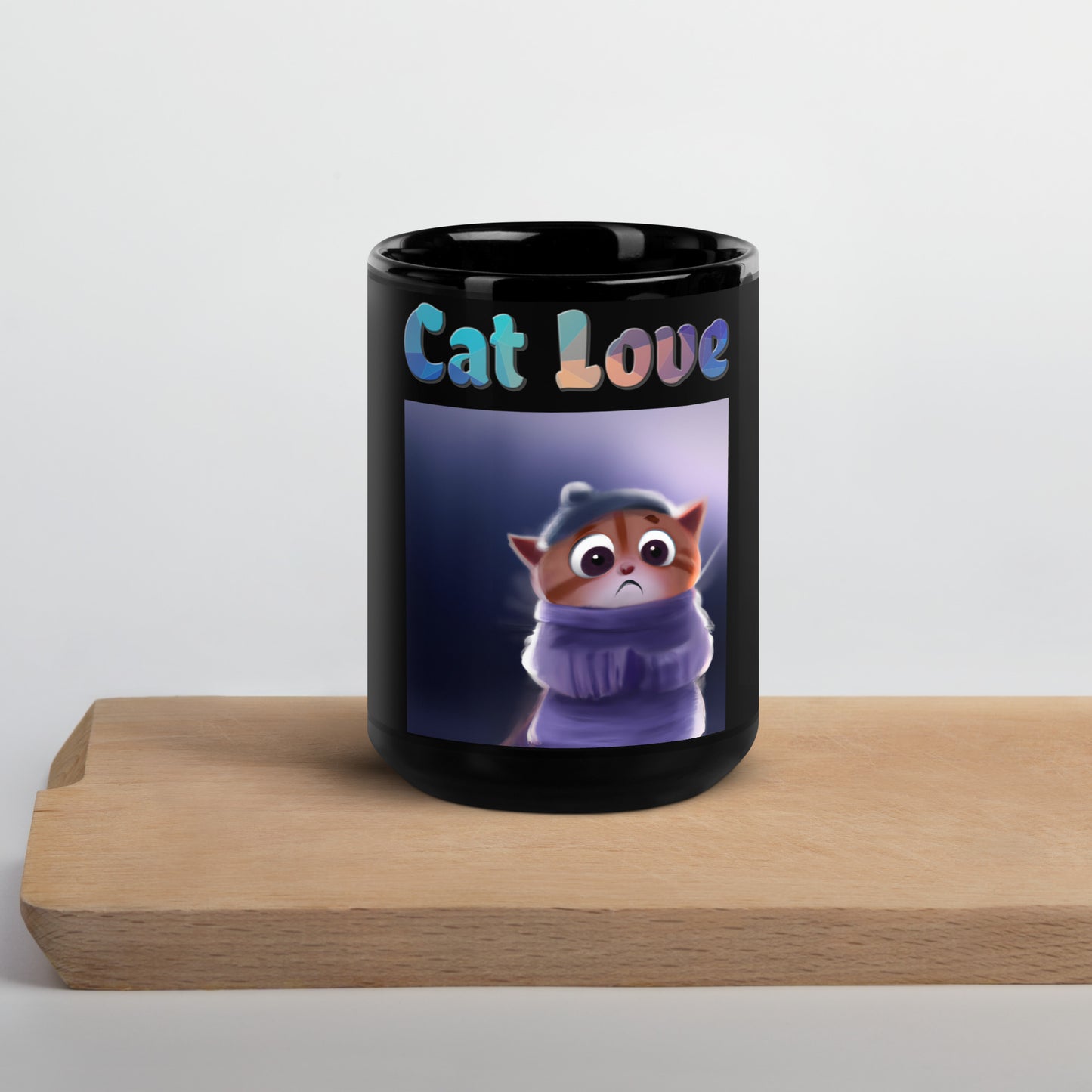 Black Glossy Mug with Cozy Kitten with text "Cat Love" at $25.97 found at Personalizedpetlovergifts