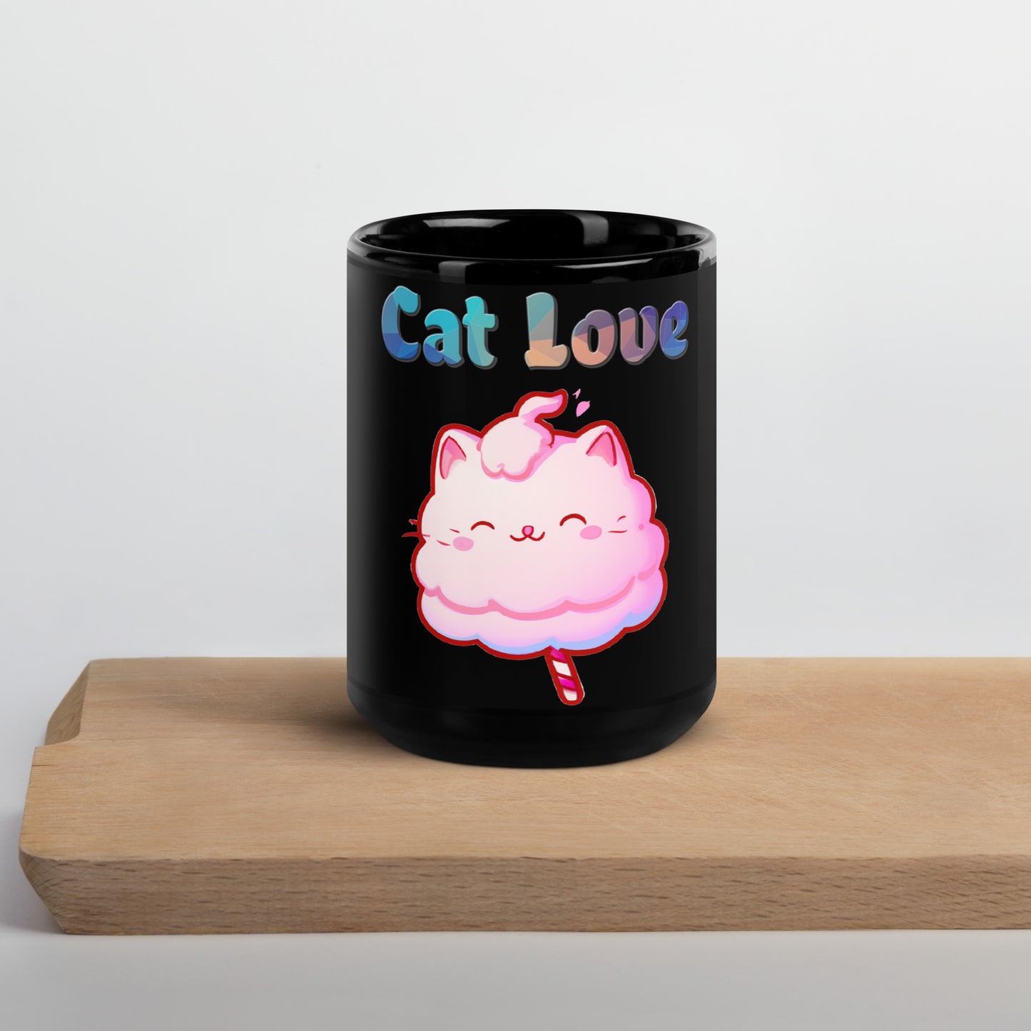 Black Glossy Mug with Cotton Candy Cat with text "Cat Love" at $25.97 found at Personalizedpetlovergifts