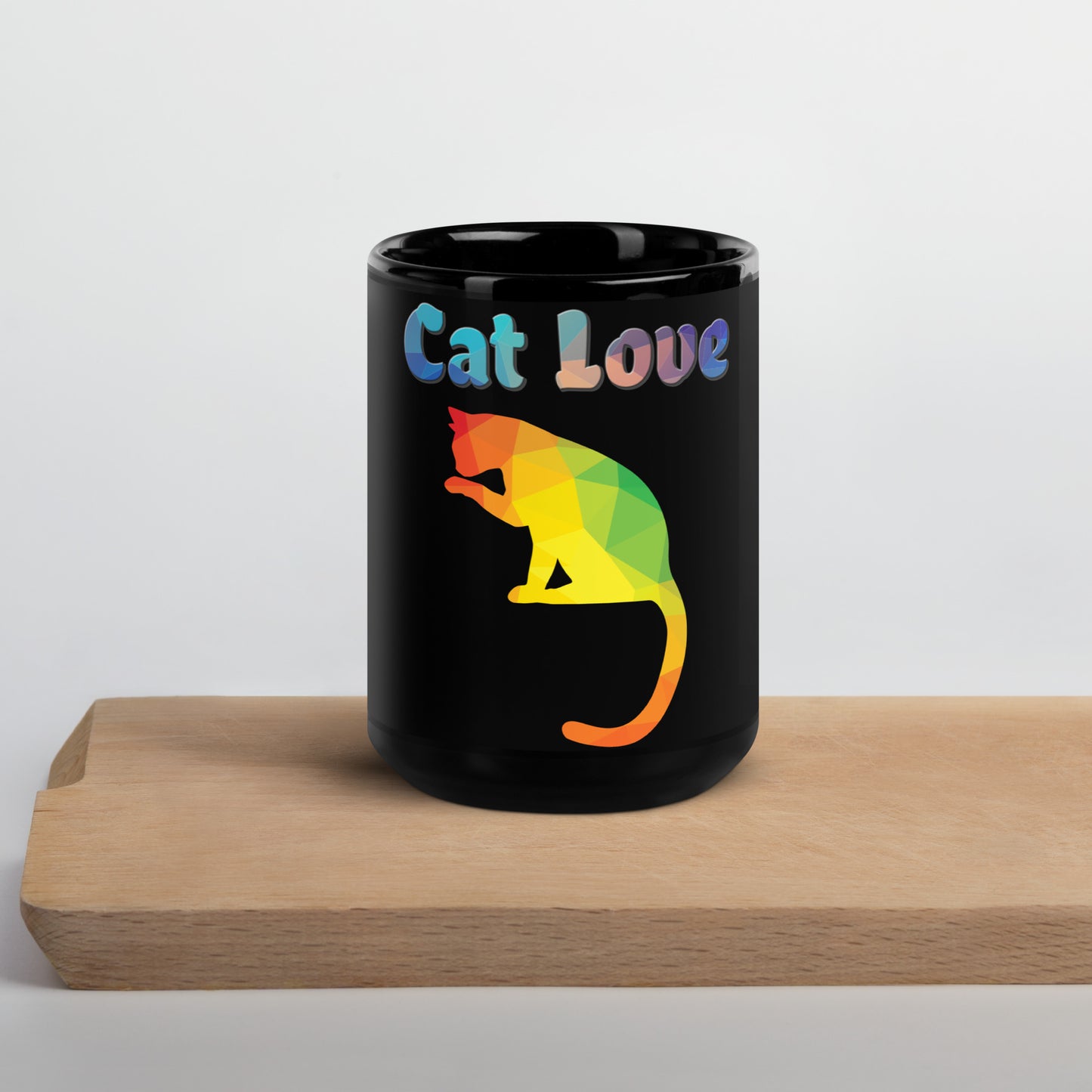 Black Glossy Mug with Colorful Cat Silhouette with text "Cat Love" at $25.97 found at Personalizedpetlovergifts