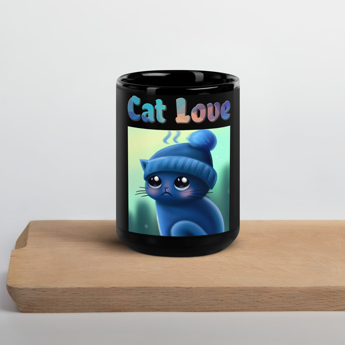 Black Glossy Mug with Cold Kitten In a Hat with text "Cat Love" at $25.97 found at Personalizedpetlovergifts