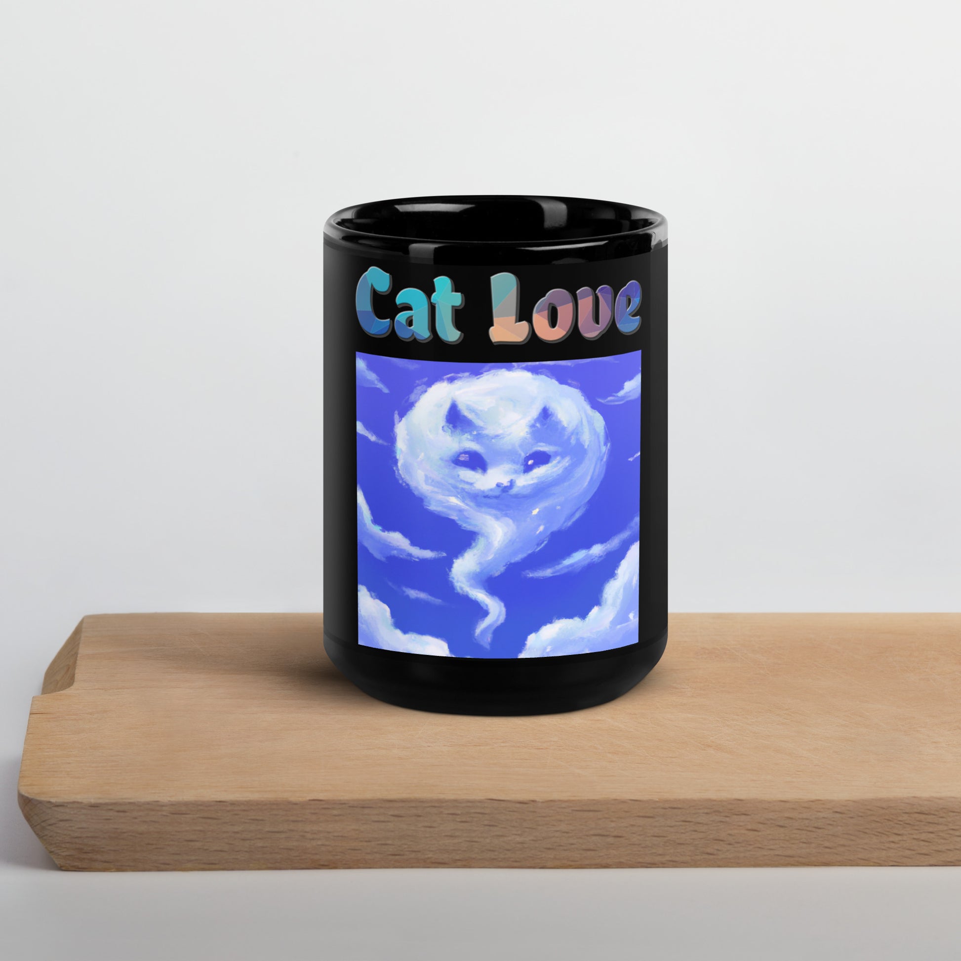 Black Glossy Mug with Cloud With a Cat Face with text "Cat Love" at $25.97 found at Personalizedpetlovergifts