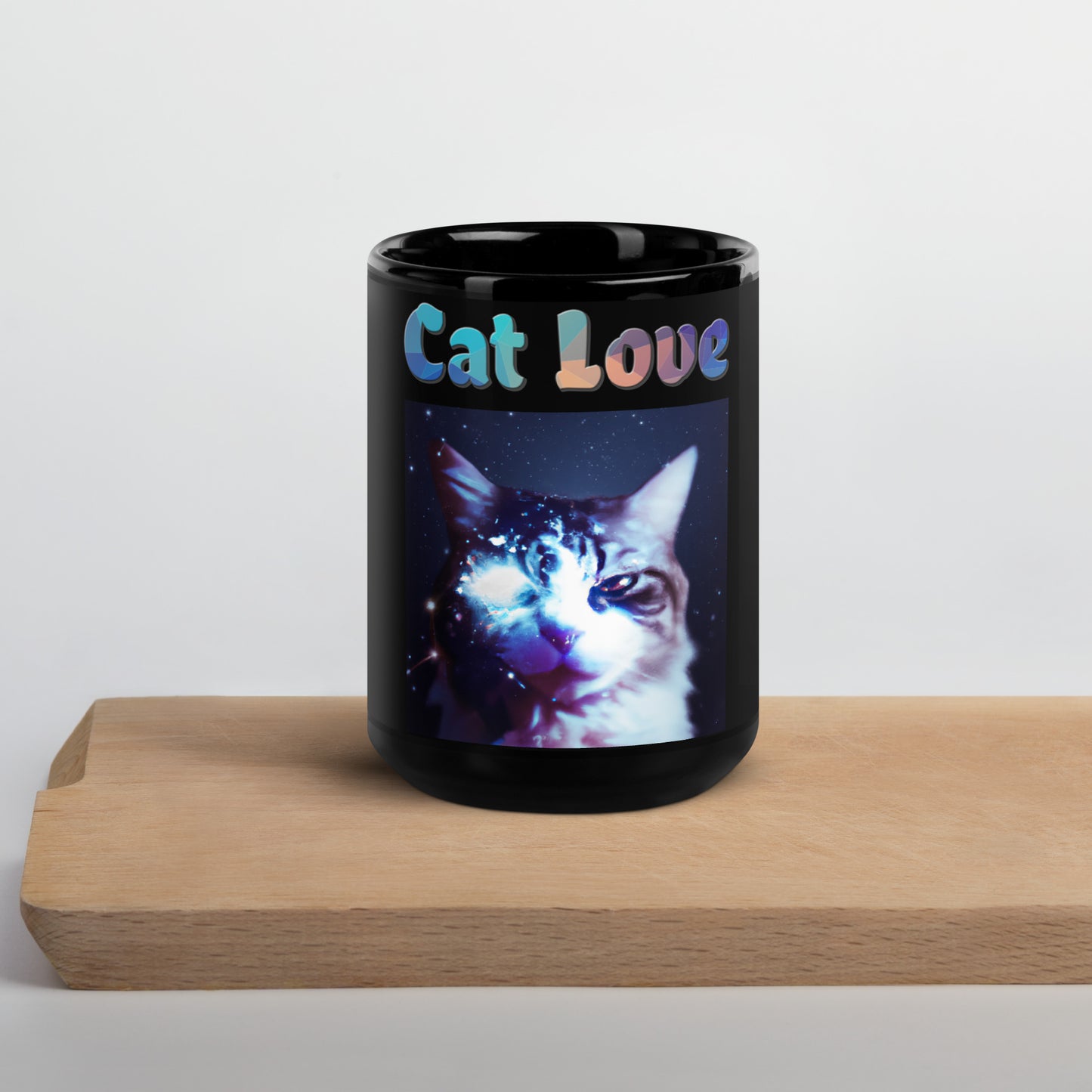 Black Glossy Mug with Cat With Space Eye with text "Cat Love" at $25.97 found at Personalizedpetlovergifts