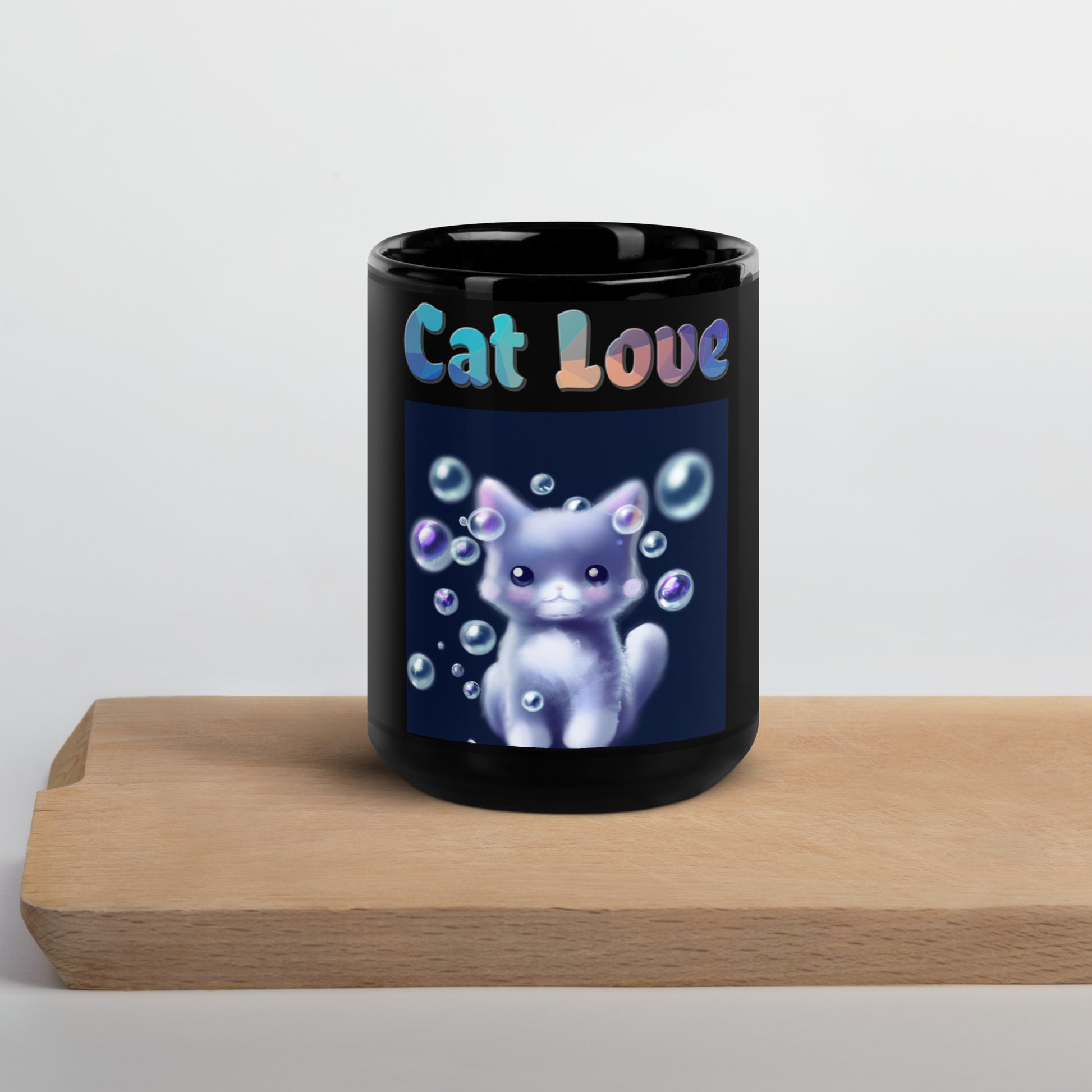 Black Glossy Mug with Cat With Soap Bubbles with text "Cat Love" at $25.97 found at Personalizedpetlovergifts