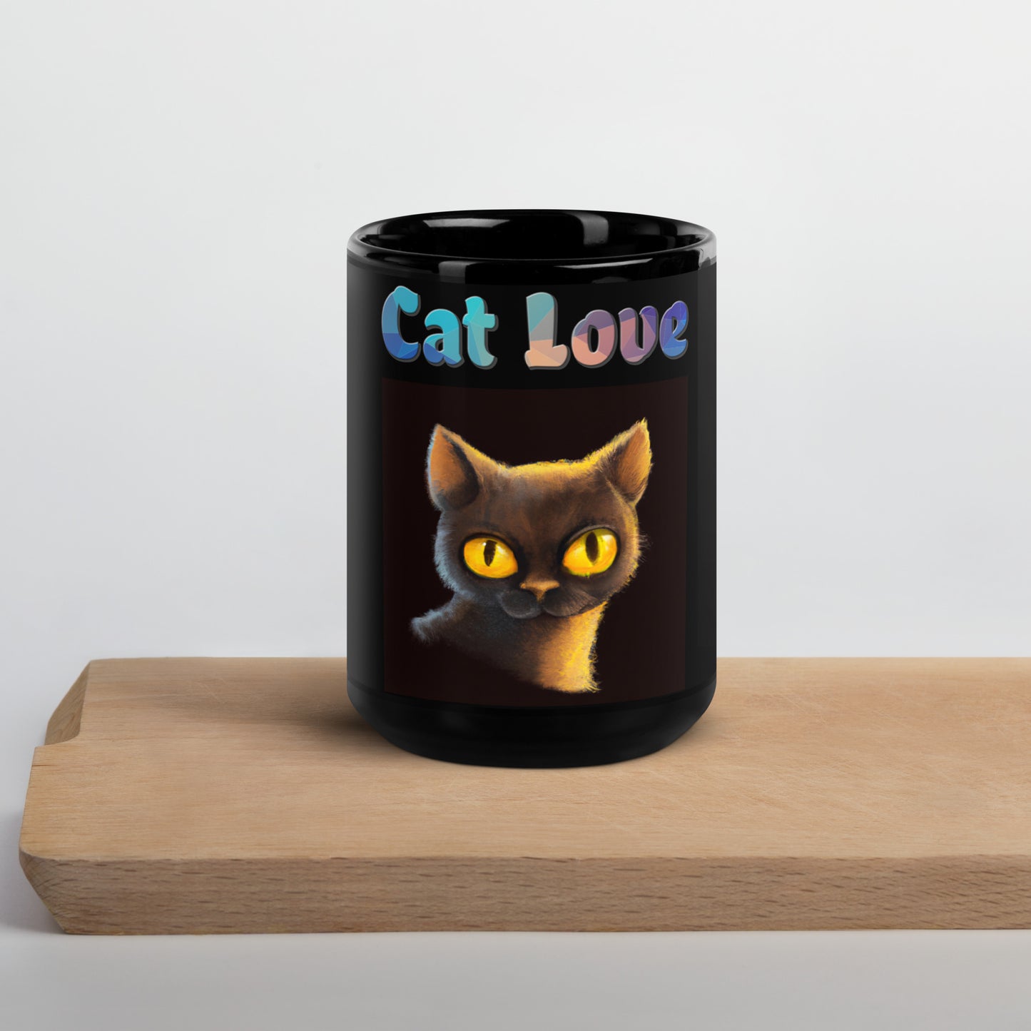 Black Glossy Mug with Cat With Shiny Yellow Eyes with text "Cat Love" at $25.97 found at Personalizedpetlovergifts