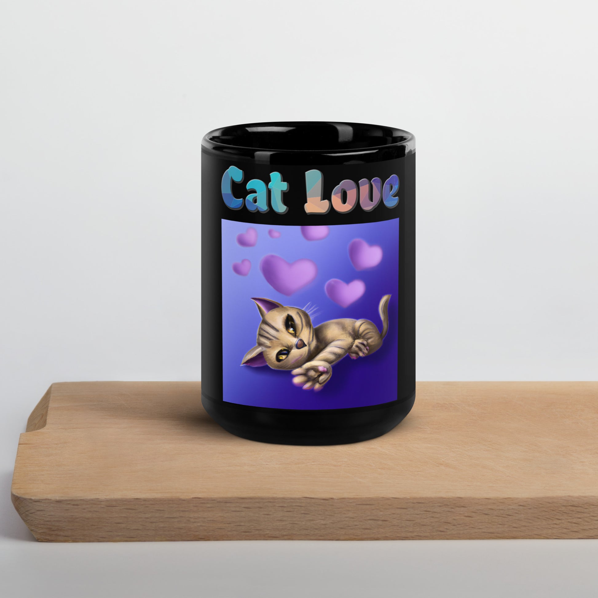 Black Glossy Mug with Cat With Purple Hearts with text "Cat Love" at $25.97 found at Personalizedpetlovergifts