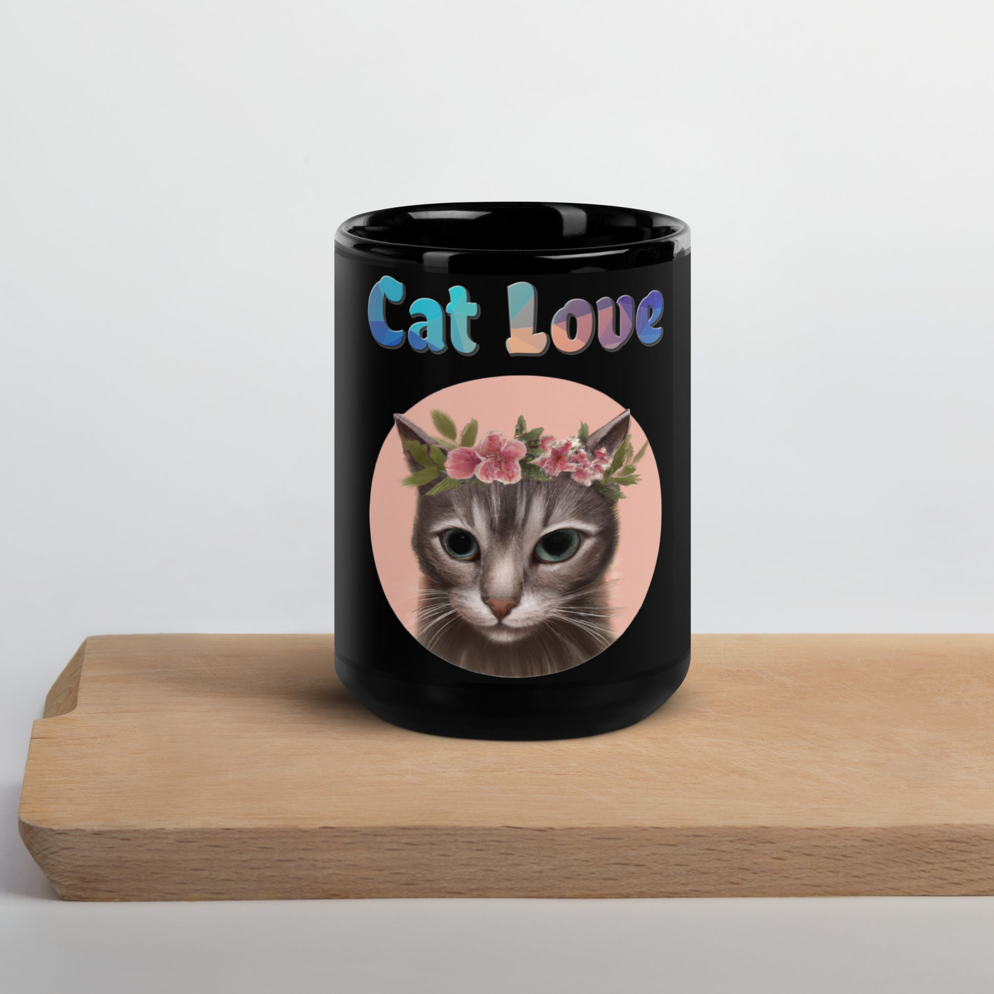 Black Glossy Mug with Cat With Pink Floral Headpiece with text "Cat Love" at $25.97 found at Personalizedpetlovergifts