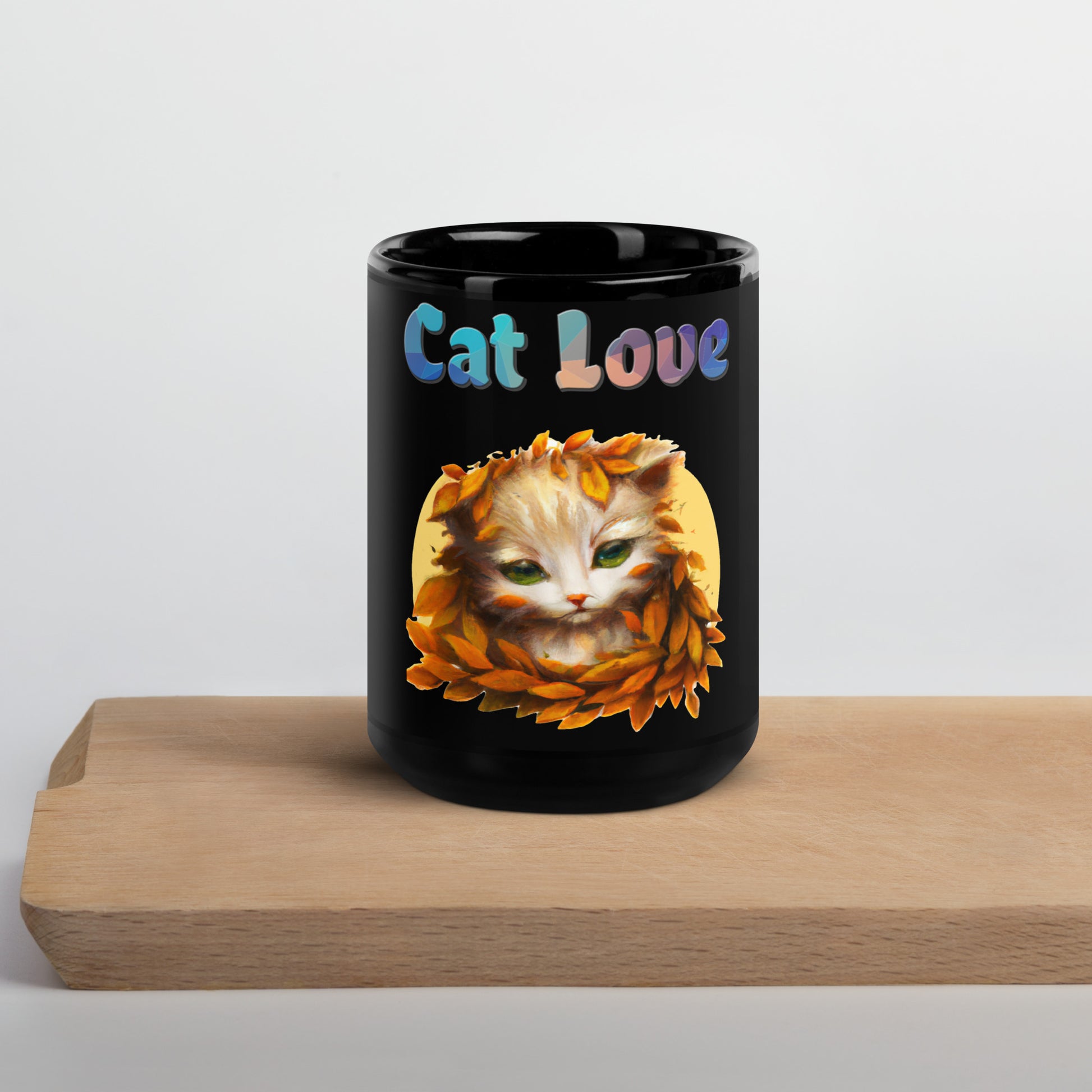 Black Glossy Mug with Cat With Orange Leaves with text "Cat Love" at $25.97 found at Personalizedpetlovergifts