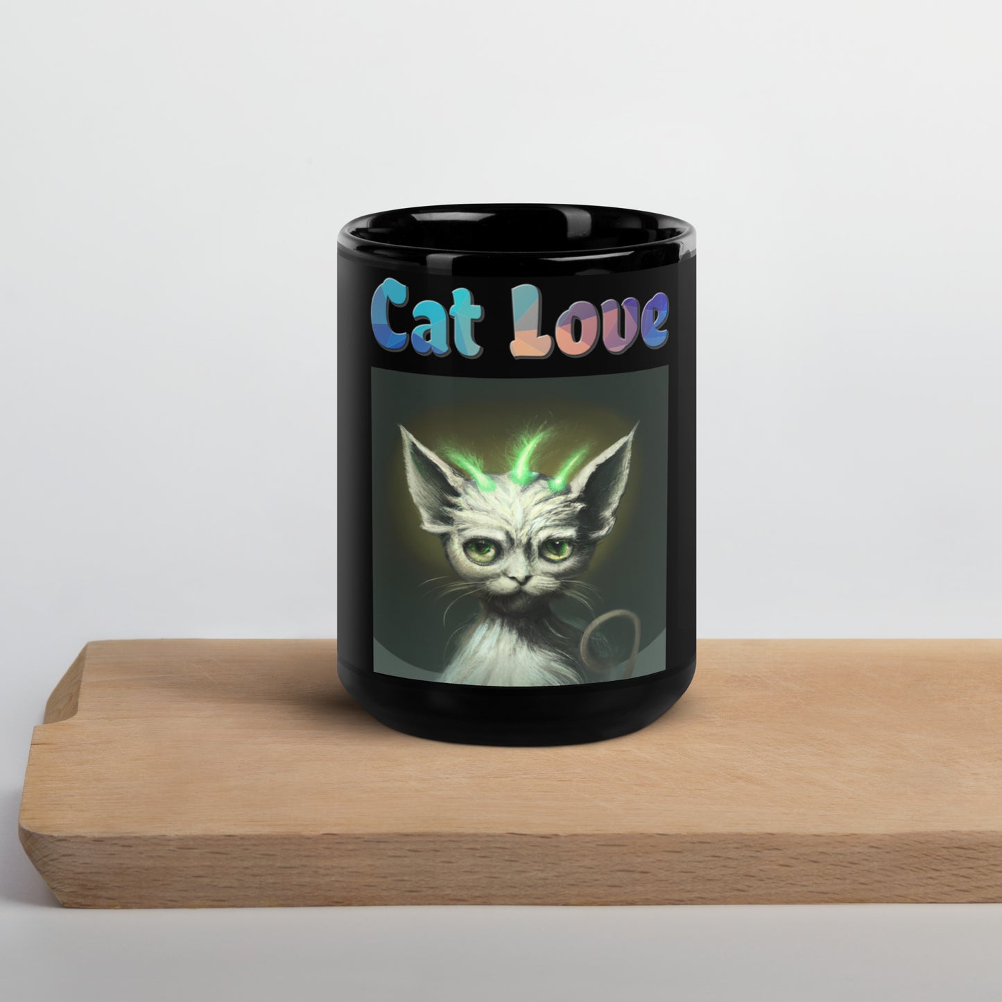 Black Glossy Mug with Cat With Green Alien Spikes with text "Cat Love" at $25.97 found at Personalizedpetlovergifts