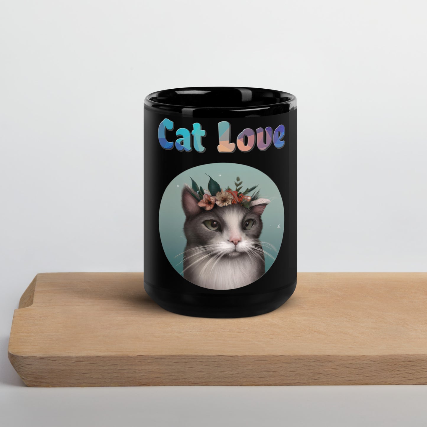 Black Glossy Mug with Cat With Flowers with text "Cat Love" at $25.97 found at Personalizedpetlovergifts