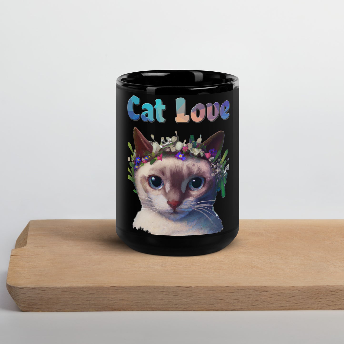 Black Glossy Mug with Cat With Flowers On Head with text "Cat Love" at $25.97 found at Personalizedpetlovergifts