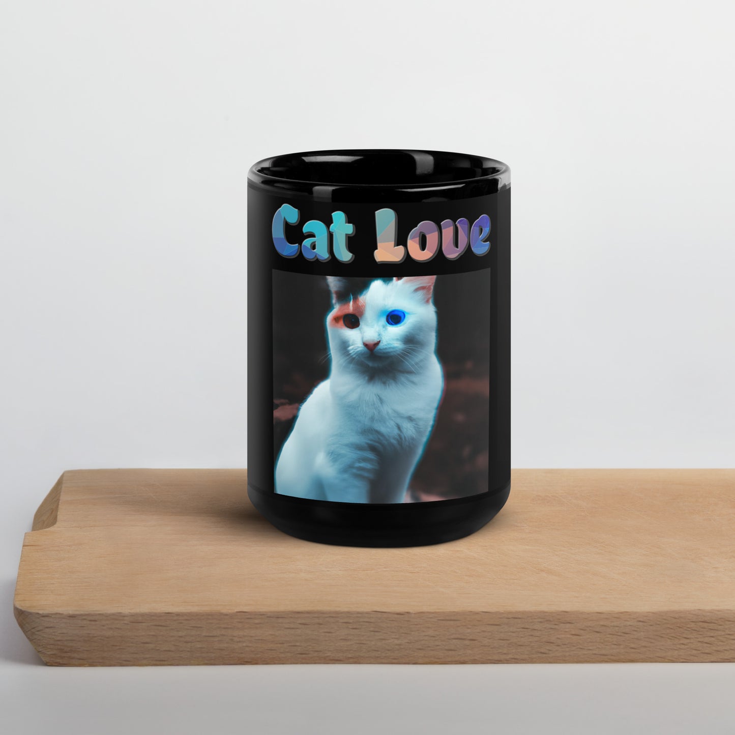 Black Glossy Mug with Cat With Colorful Eyes with text "Cat Love" at $25.97 found at Personalizedpetlovergifts