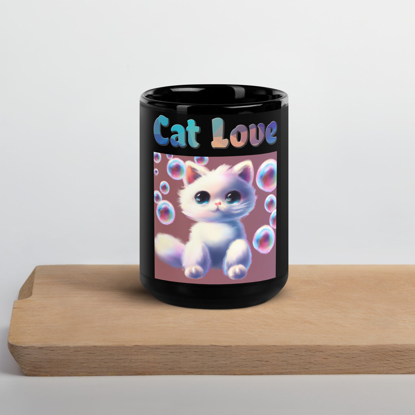 Black Glossy Mug with Cat With Bubbles with text "Cat Love" at $25.97 found at Personalizedpetlovergifts