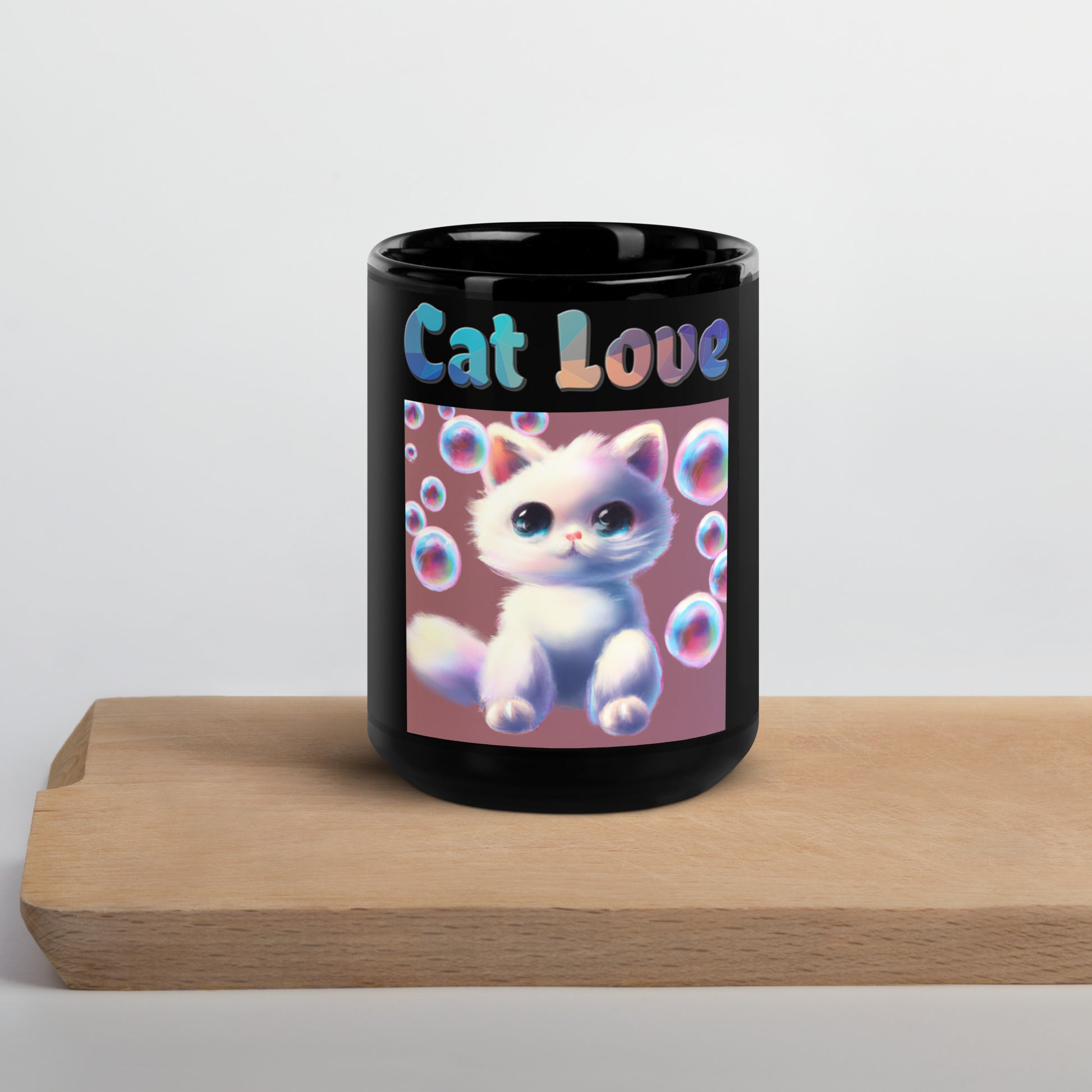 Black Glossy Mug with Cat With Bubbles with text "Cat Love" at $25.97 found at Personalizedpetlovergifts