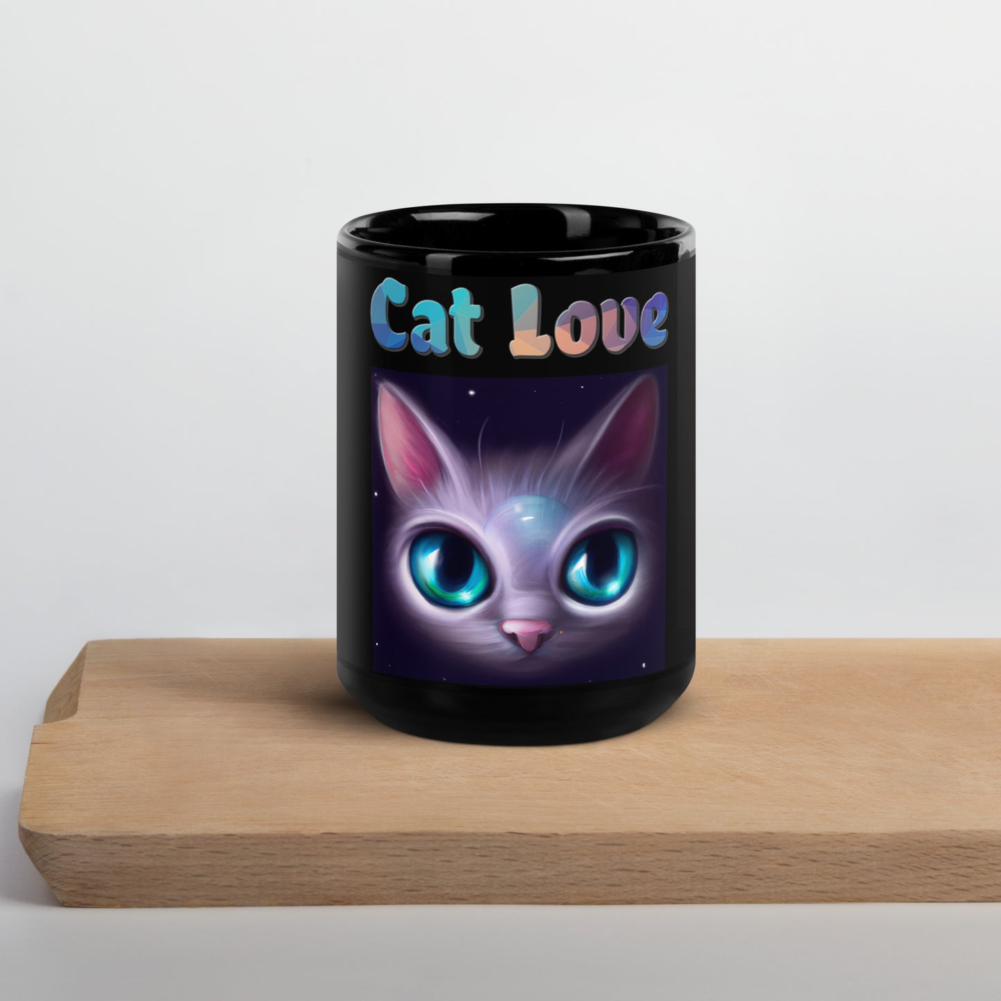 Black Glossy Mug with Cat With Bright Blue Eyes with text "Cat Love" at $25.97 found at Personalizedpetlovergifts