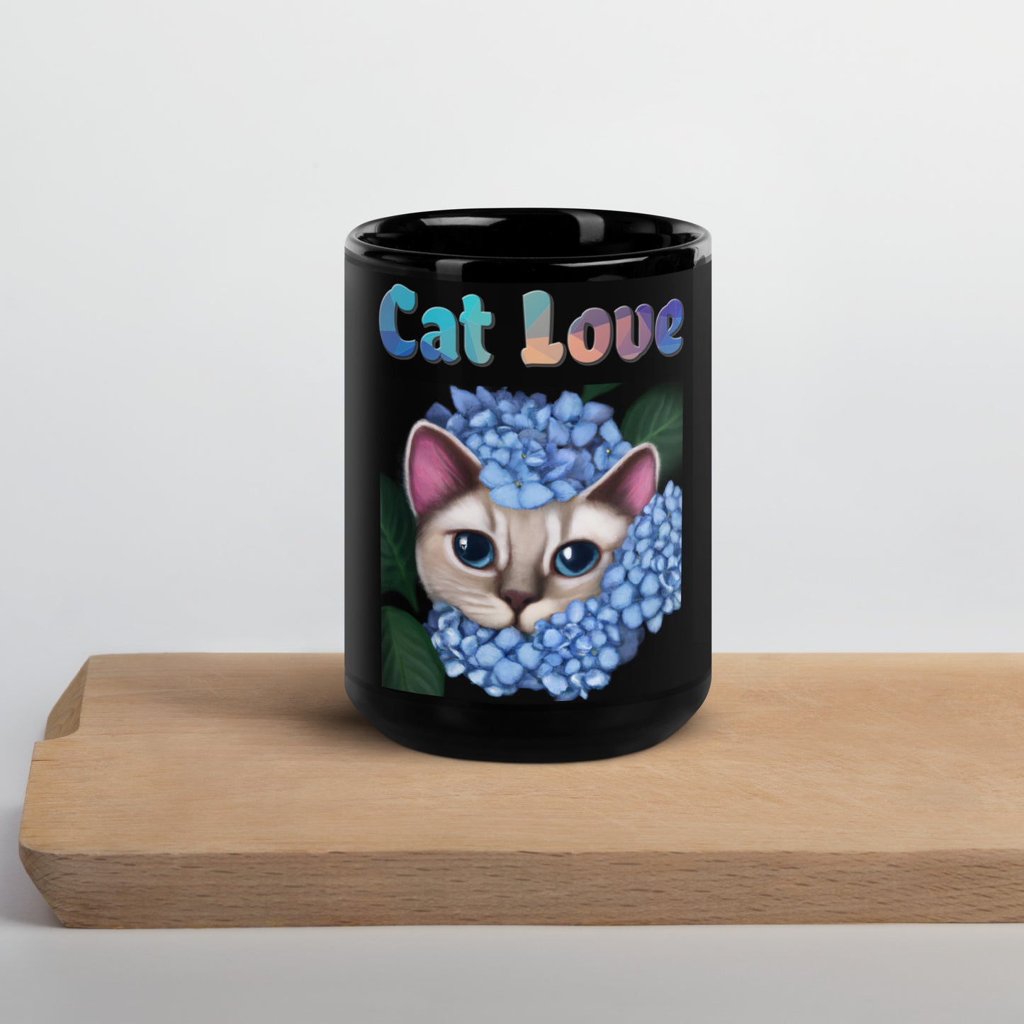 Black Glossy Mug with Cat With Blue Hydrangea Flowers with text "Cat Love" at $25.97 found at Personalizedpetlovergifts