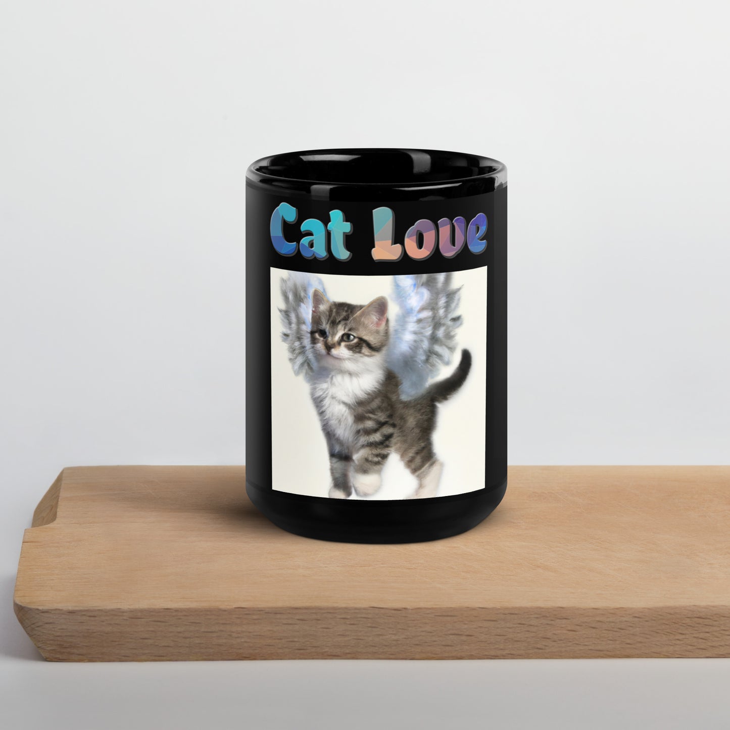 Black Glossy Mug with Cat With Beautiful Angel Wings with text "Cat Love" at $25.97 found at Personalizedpetlovergifts