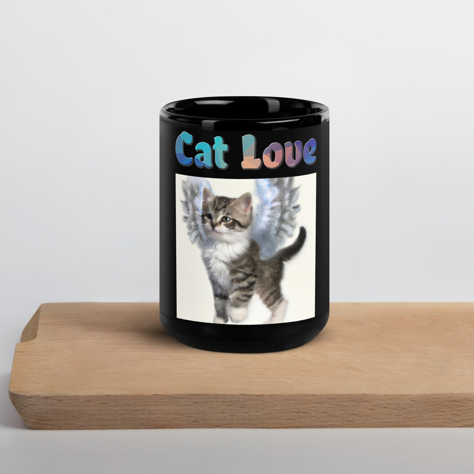 Black Glossy Mug with Cat With Beautiful Angel Wings with text "Cat Love" at $25.97 found at Personalizedpetlovergifts