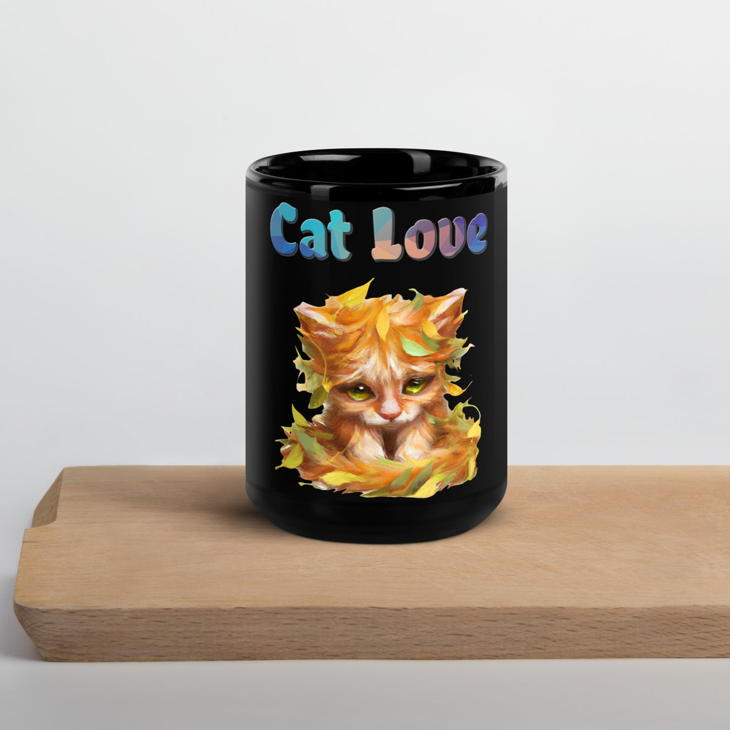 Black Glossy Mug with Cat With Autumn Leaves with text "Cat Love" at $25.97 found at Personalizedpetlovergifts