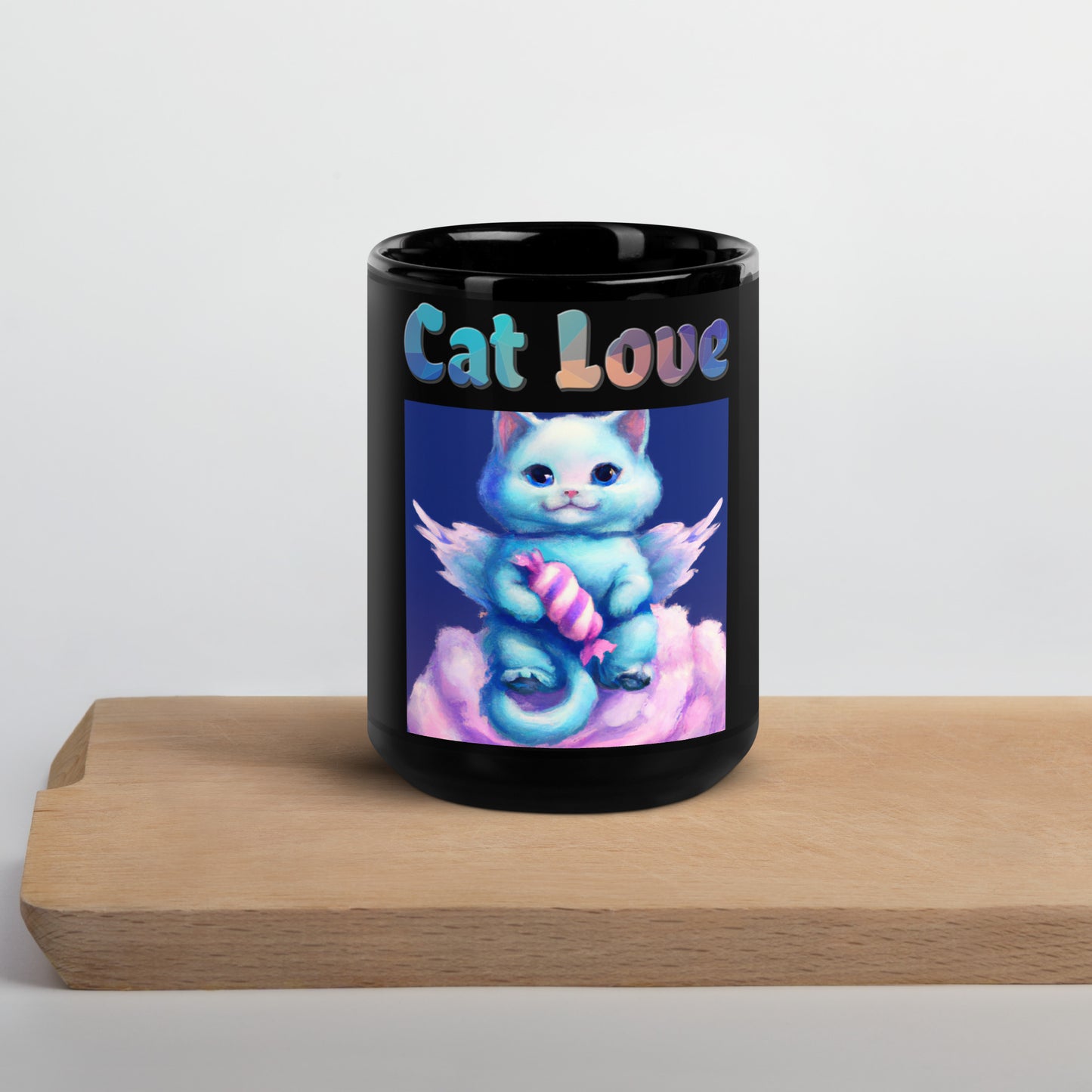 Black Glossy Mug with Cat With Angel Wings In The Clouds with text "Cat Love" at $25.97 found at Personalizedpetlovergifts