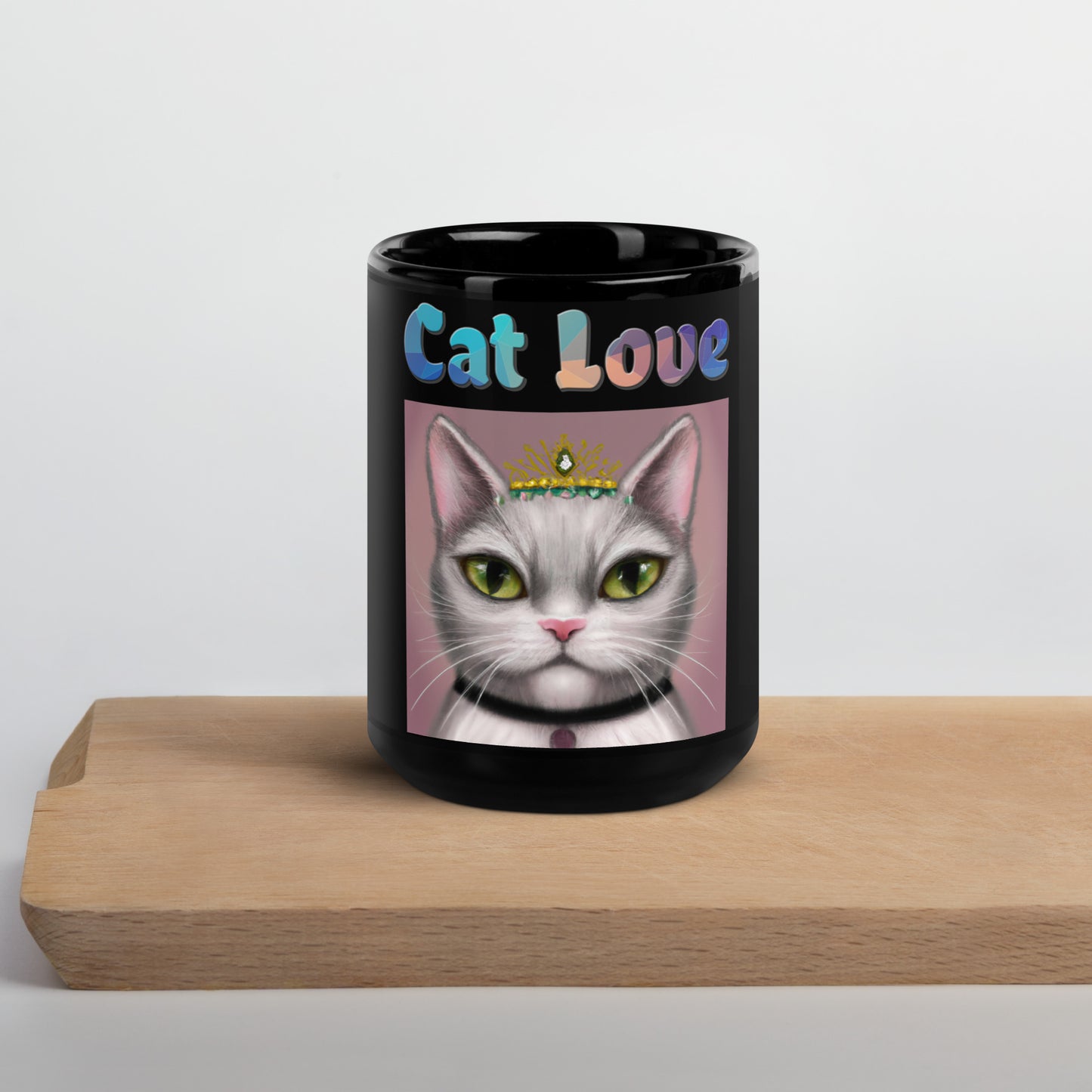 Black Glossy Mug with Cat With a Tiara with text "Cat Love" at $25.97 found at Personalizedpetlovergifts