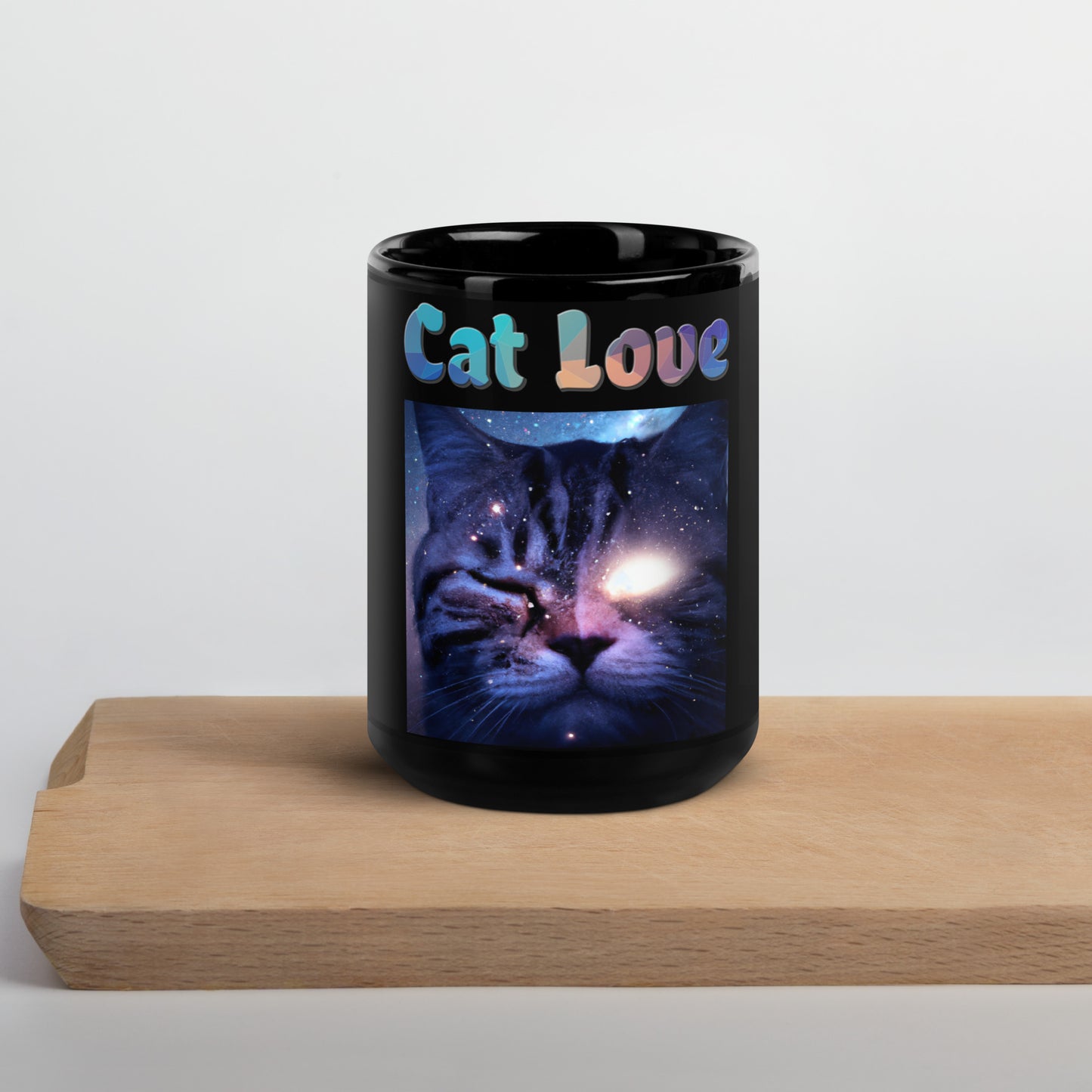 Black Glossy Mug with Cat With a Shiny Eye with text "Cat Love" at $25.97 found at Personalizedpetlovergifts