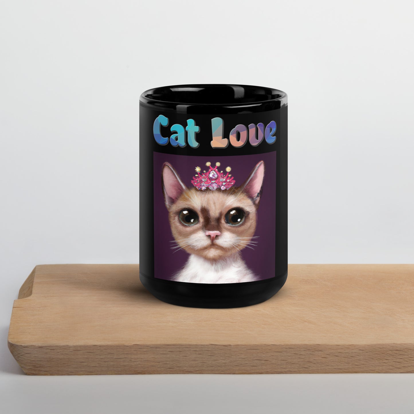 Black Glossy Mug with Cat With a Pink Tiara with text "Cat Love" at $25.97 found at Personalizedpetlovergifts