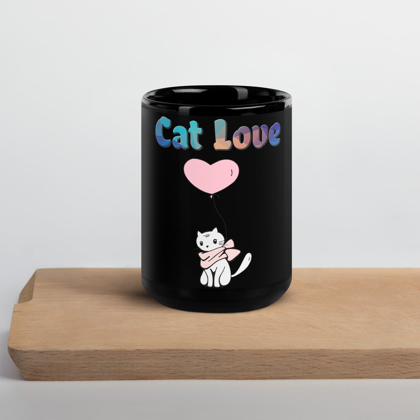 Black Glossy Mug with Cat With a Pink Heart Balloon with text "Cat Love" at $25.97 found at Personalizedpetlovergifts