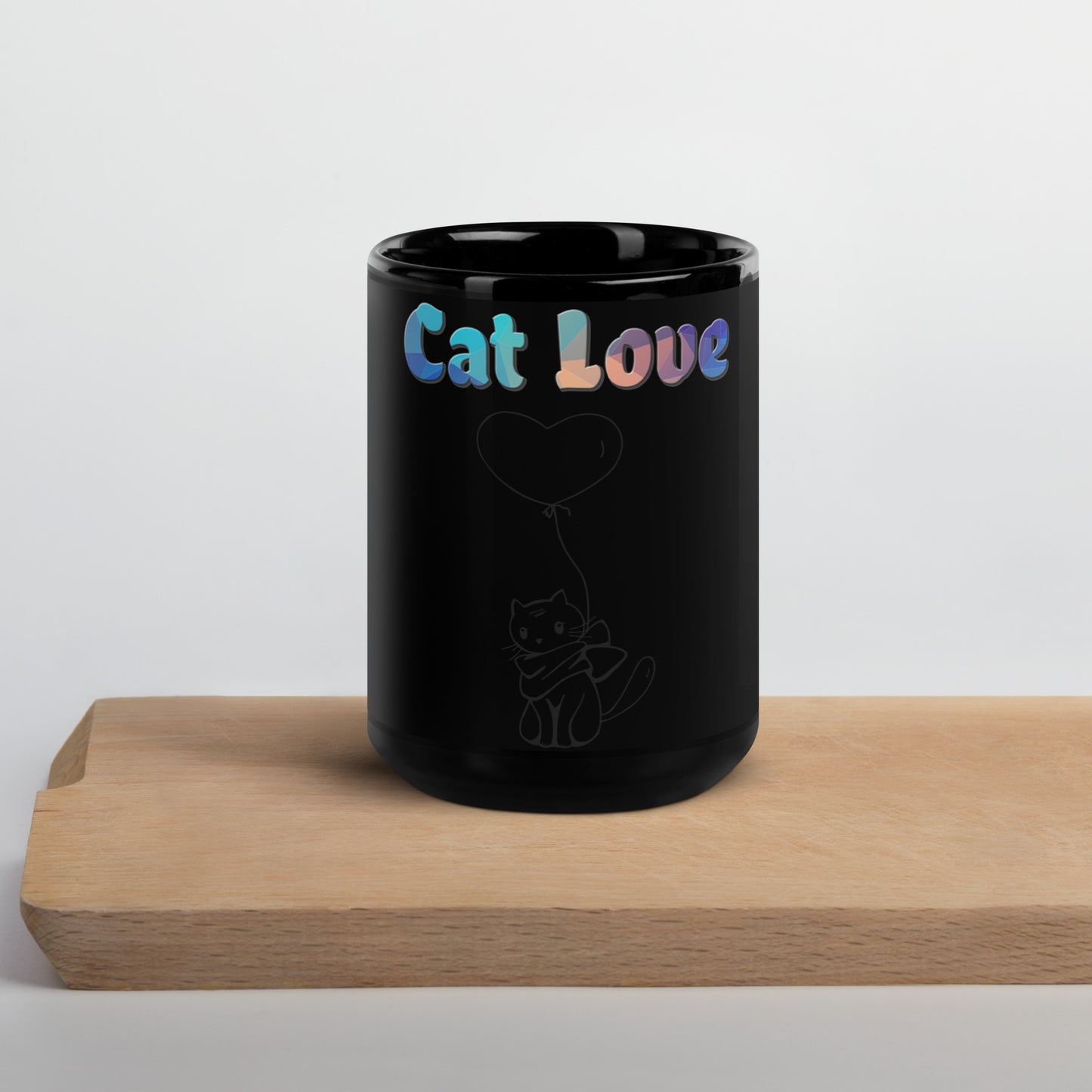 Black Glossy Mug with Cat With a Heart Balloon with text "Cat Love" at $25.97 found at Personalizedpetlovergifts