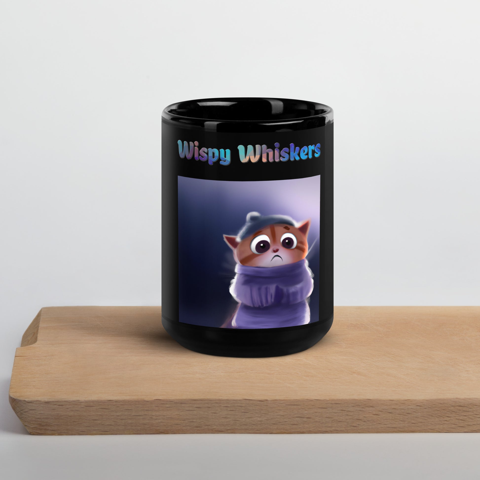 Black Glossy Mug with Cozy Kitten with text "Wispy Whiskers" at $25.97 found at Personalizedpetlovergifts