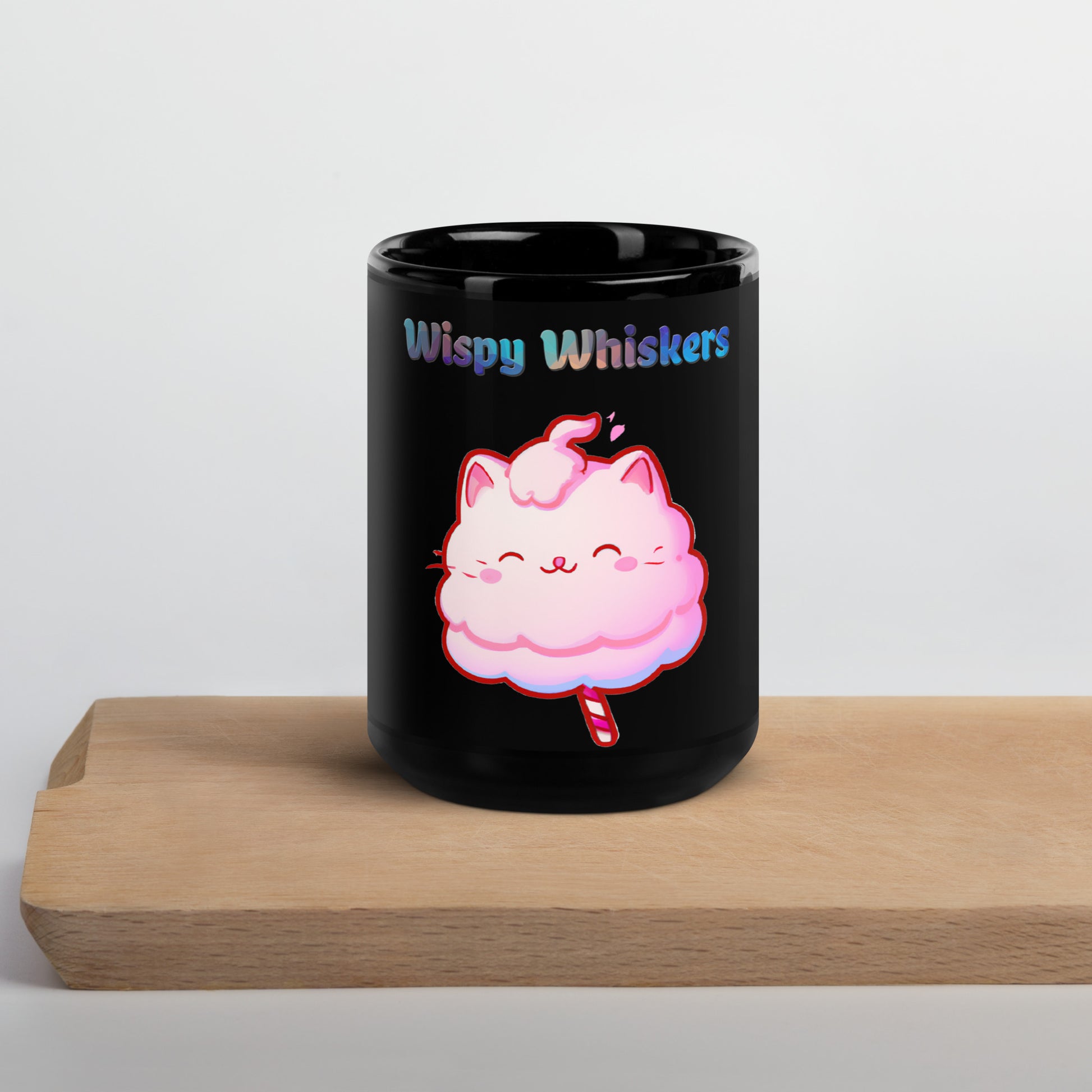 Black Glossy Mug with Cotton Candy Cat with text "Wispy Whiskers" at $25.97 found at Personalizedpetlovergifts