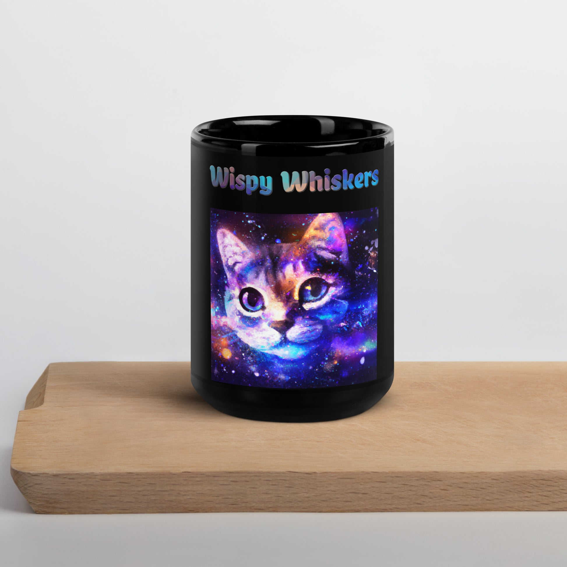 Black Glossy Mug with Cat With Space with text "Wispy Whiskers" at $25.97 found at Personalizedpetlovergifts