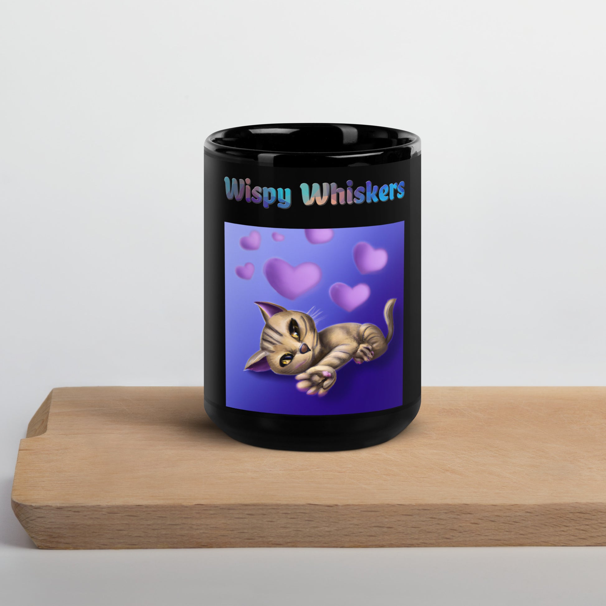 Black Glossy Mug with Cat With Purple Hearts with text "Wispy Whiskers" at $25.97 found at Personalizedpetlovergifts