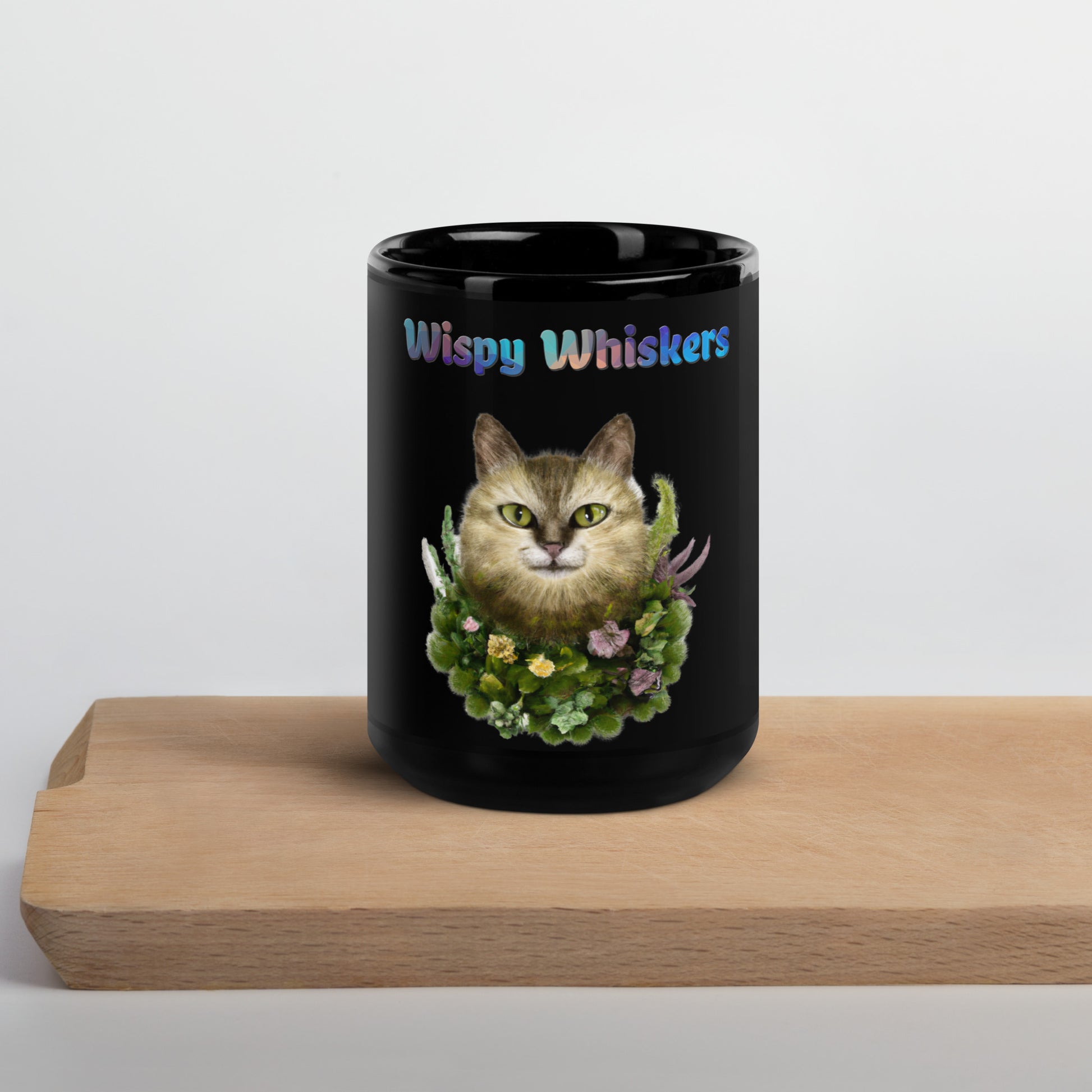 Black Glossy Mug with Cat With Plants And Flowers with text "Wispy Whiskers" at $25.97 found at Personalizedpetlovergifts