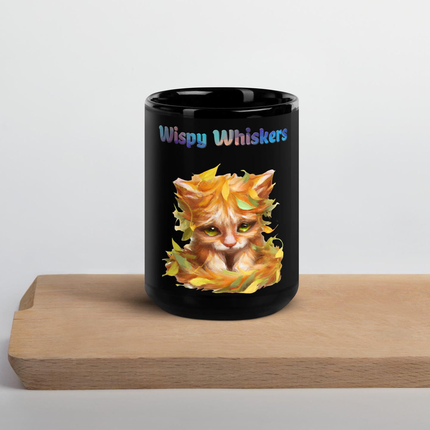 Black Glossy Mug with Cat With Autumn Leaves with text "Wispy Whiskers" at $25.97 found at Personalizedpetlovergifts