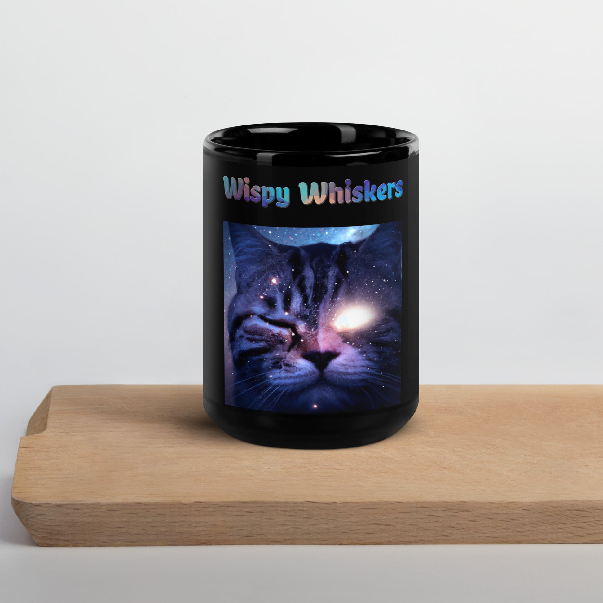 Black Glossy Mug with Cat With a Shiny Eye with text "Wispy Whiskers" at $25.97 found at Personalizedpetlovergifts