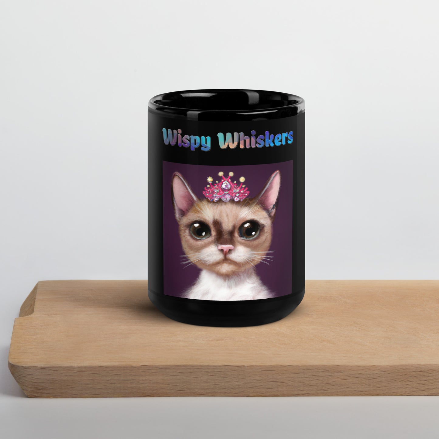 Black Glossy Mug with Cat With a Pink Tiara with text "Wispy Whiskers" at $25.97 found at Personalizedpetlovergifts