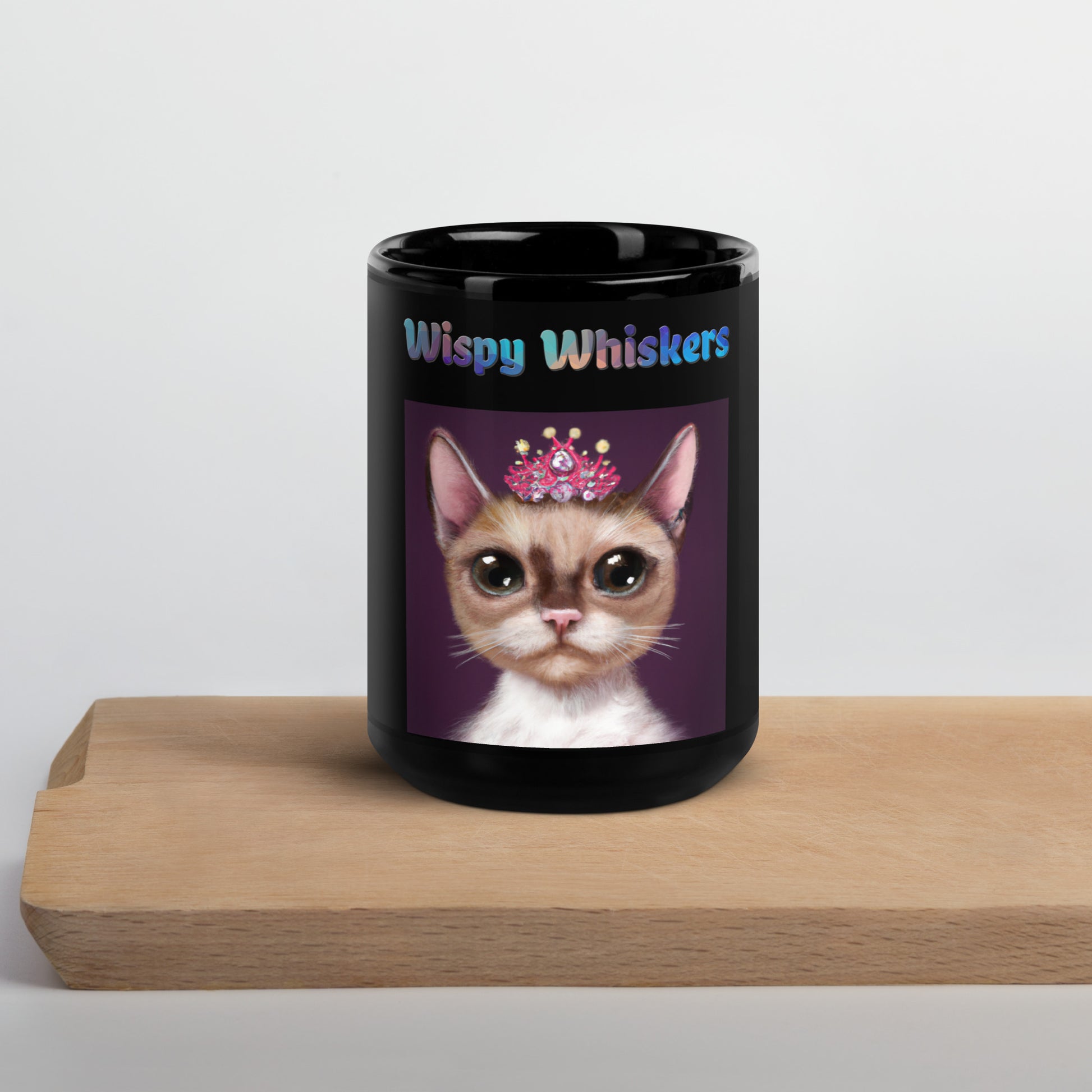 Black Glossy Mug with Cat With a Pink Tiara with text "Wispy Whiskers" at $25.97 found at Personalizedpetlovergifts