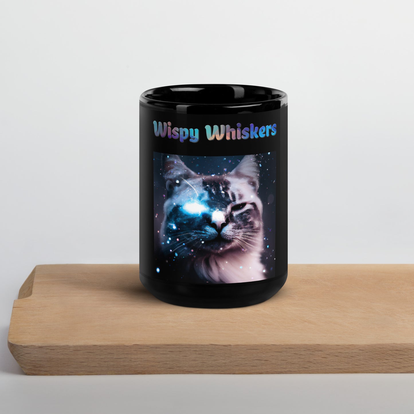 Black Glossy Mug with Cat With A Galaxy Eye with text "Wispy Whiskers" at $25.97 found at Personalizedpetlovergifts