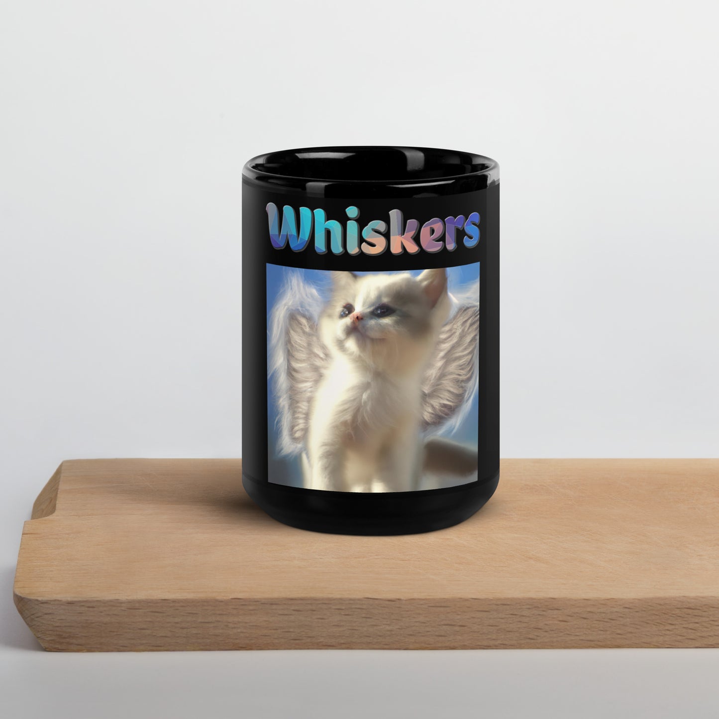 Black Glossy Mug with Cute Angel Kitten With Wings with text "Whiskers" at $25.97 found at Personalizedpetlovergifts