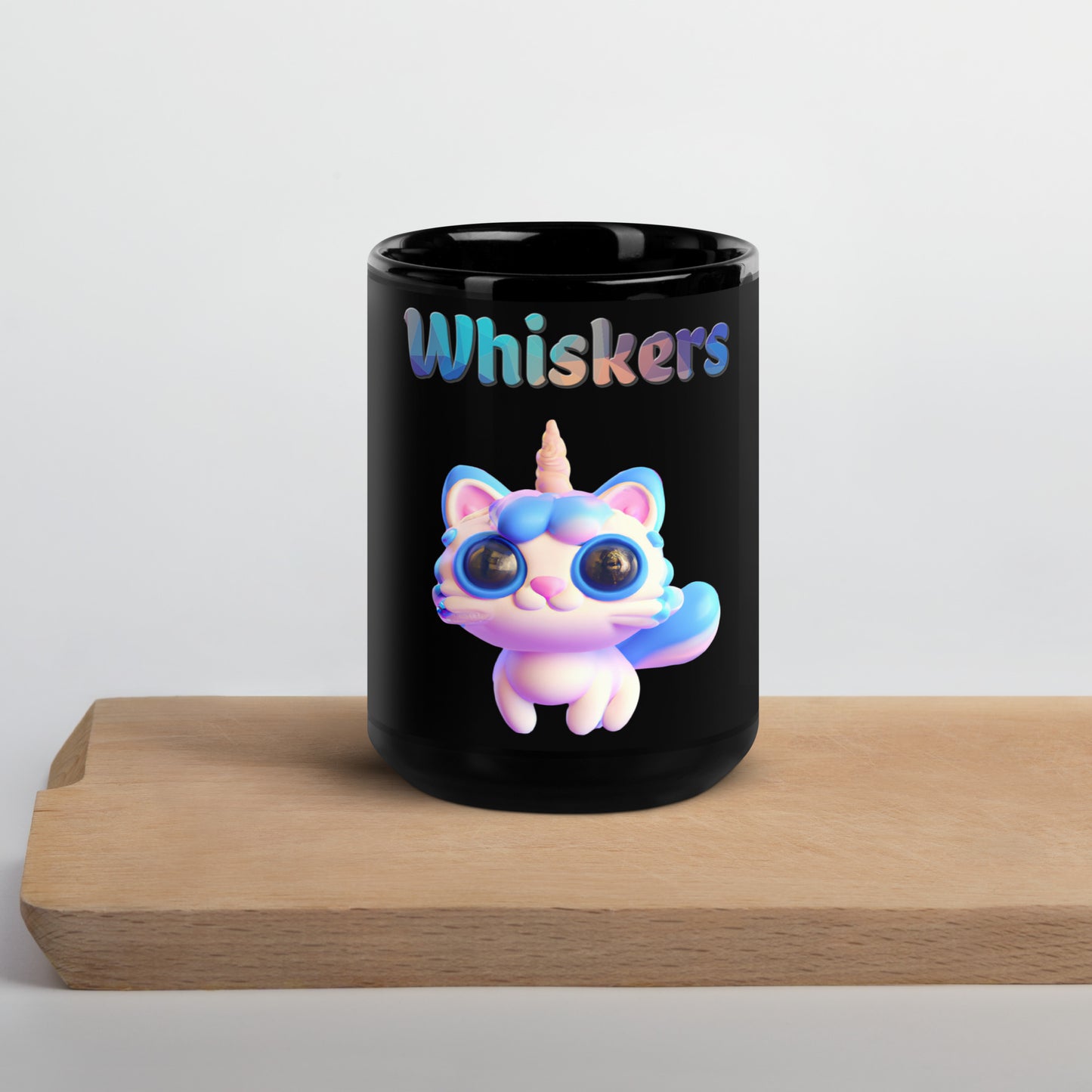 Black Glossy Mug with Cute 3D Unicorn Cat with text "Whiskers" at $25.97 found at Personalizedpetlovergifts