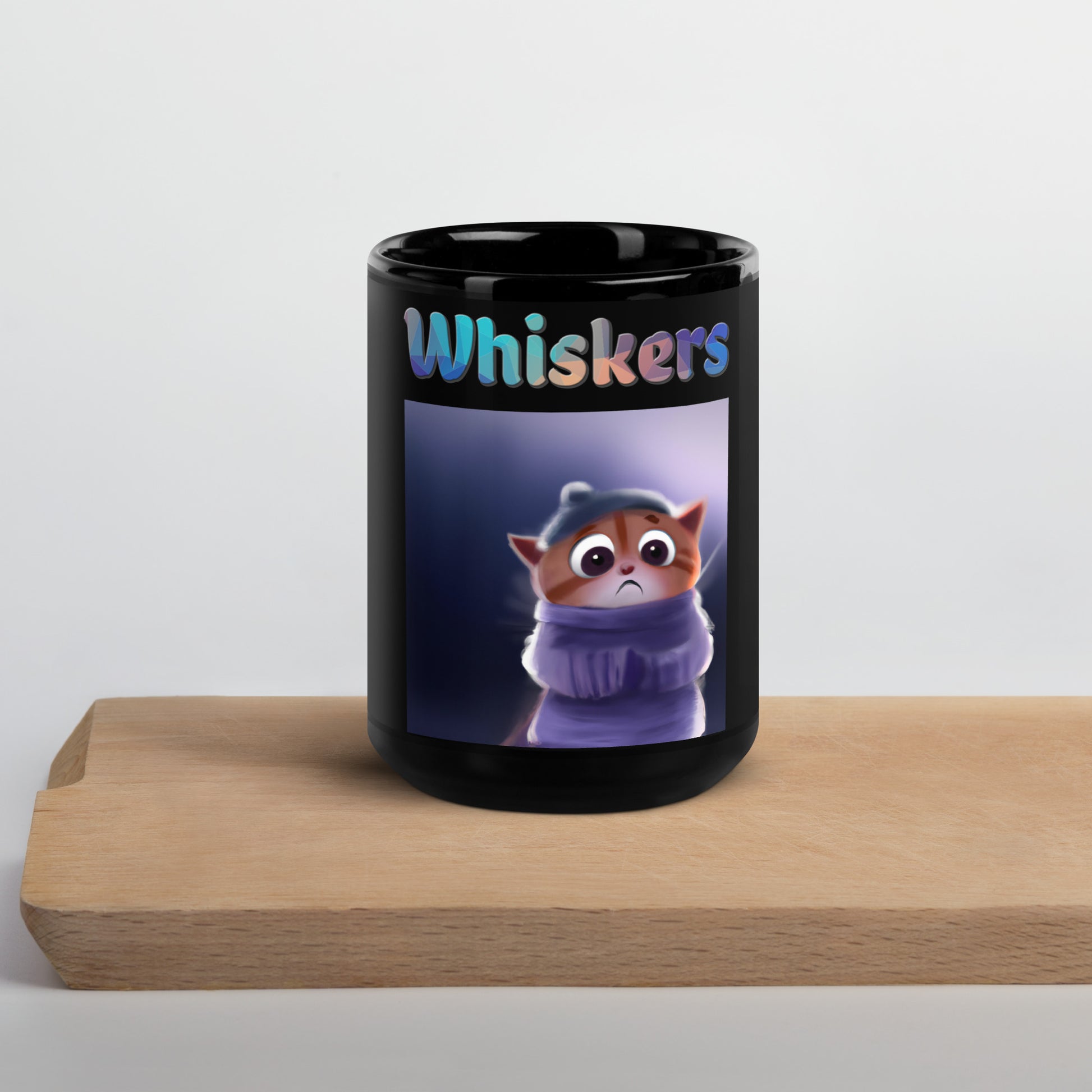 Black Glossy Mug with Cozy Kitten with text "Whiskers" at $25.97 found at Personalizedpetlovergifts