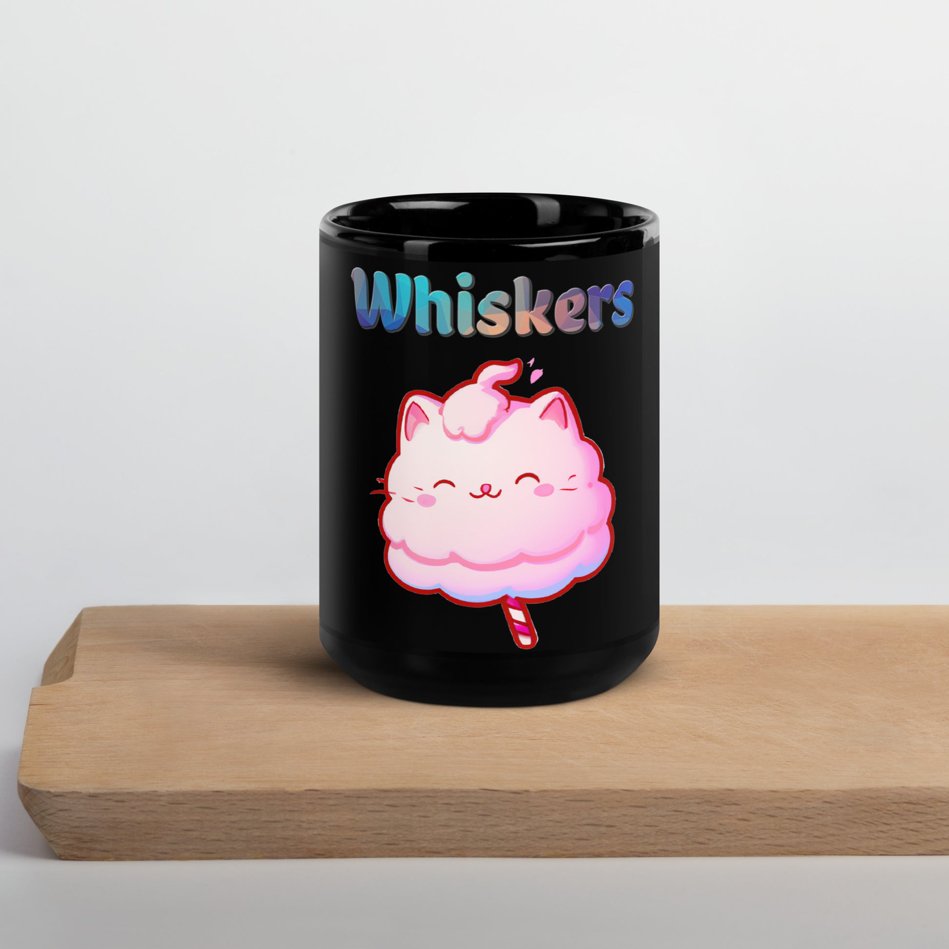 Black Glossy Mug with Cotton Candy Cat with text "Whiskers" at $25.97 found at Personalizedpetlovergifts