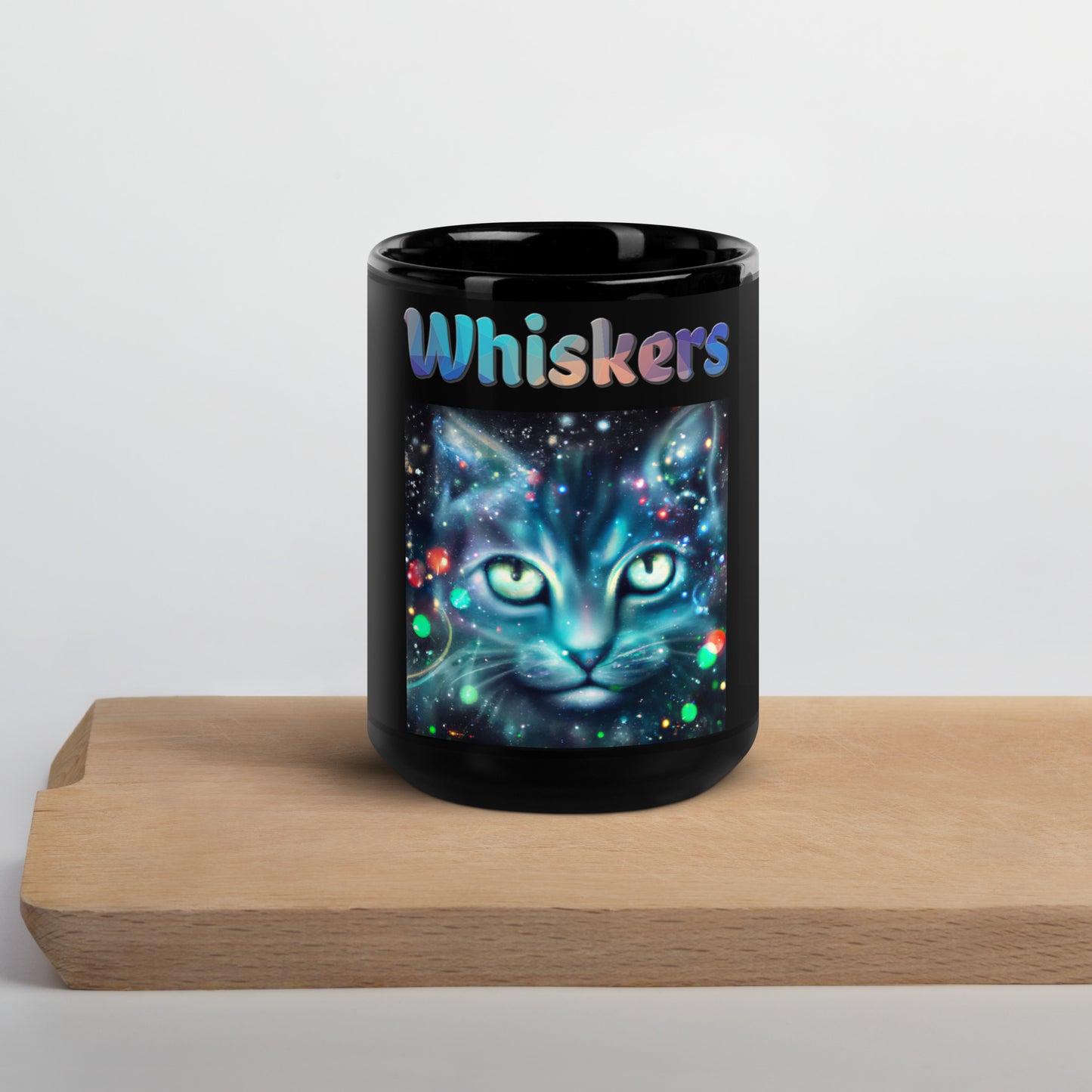 Black Glossy Mug with Cosmic Cat with text "Whiskers" at $25.97 found at Personalizedpetlovergifts