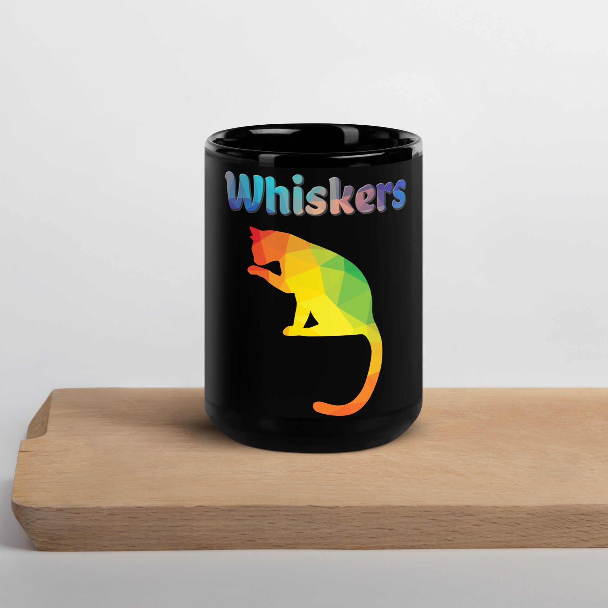 Black Glossy Mug with Colorful Cat Silhouette with text "Whiskers" at $25.97 found at Personalizedpetlovergifts