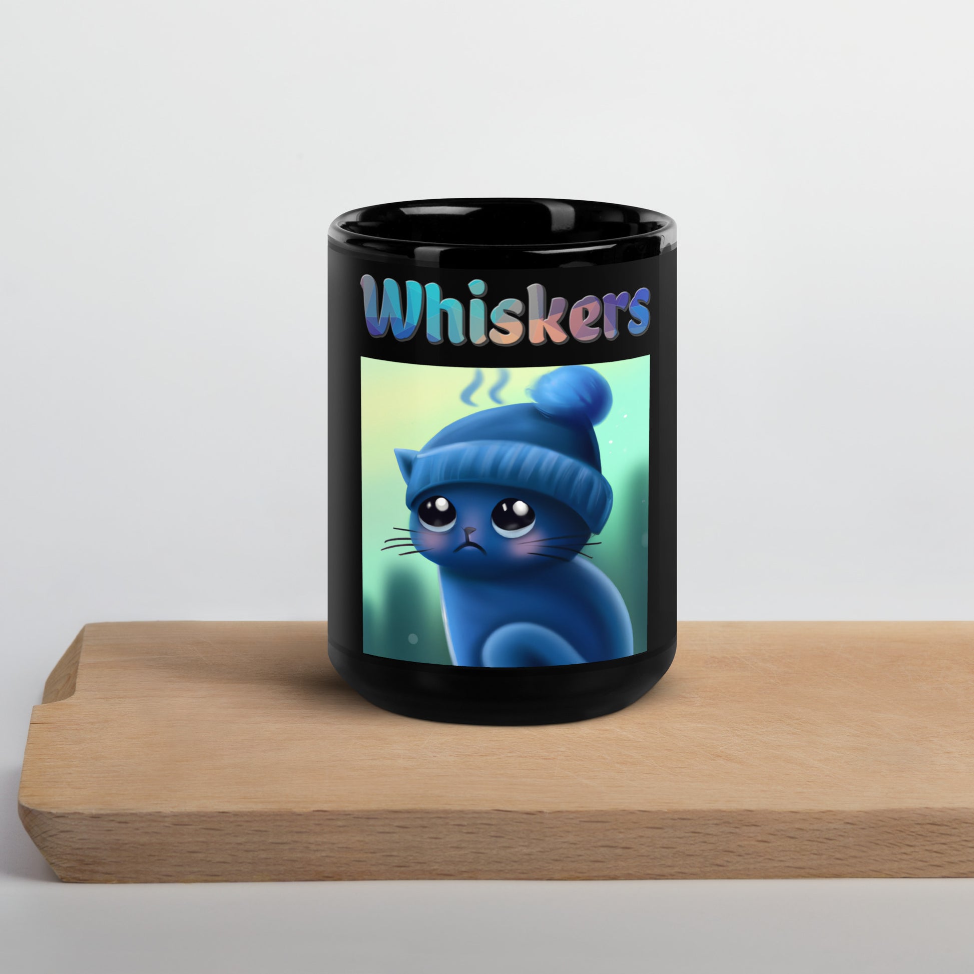 Black Glossy Mug with Cold Kitten In a Hat with text "Whiskers" at $25.97 found at Personalizedpetlovergifts