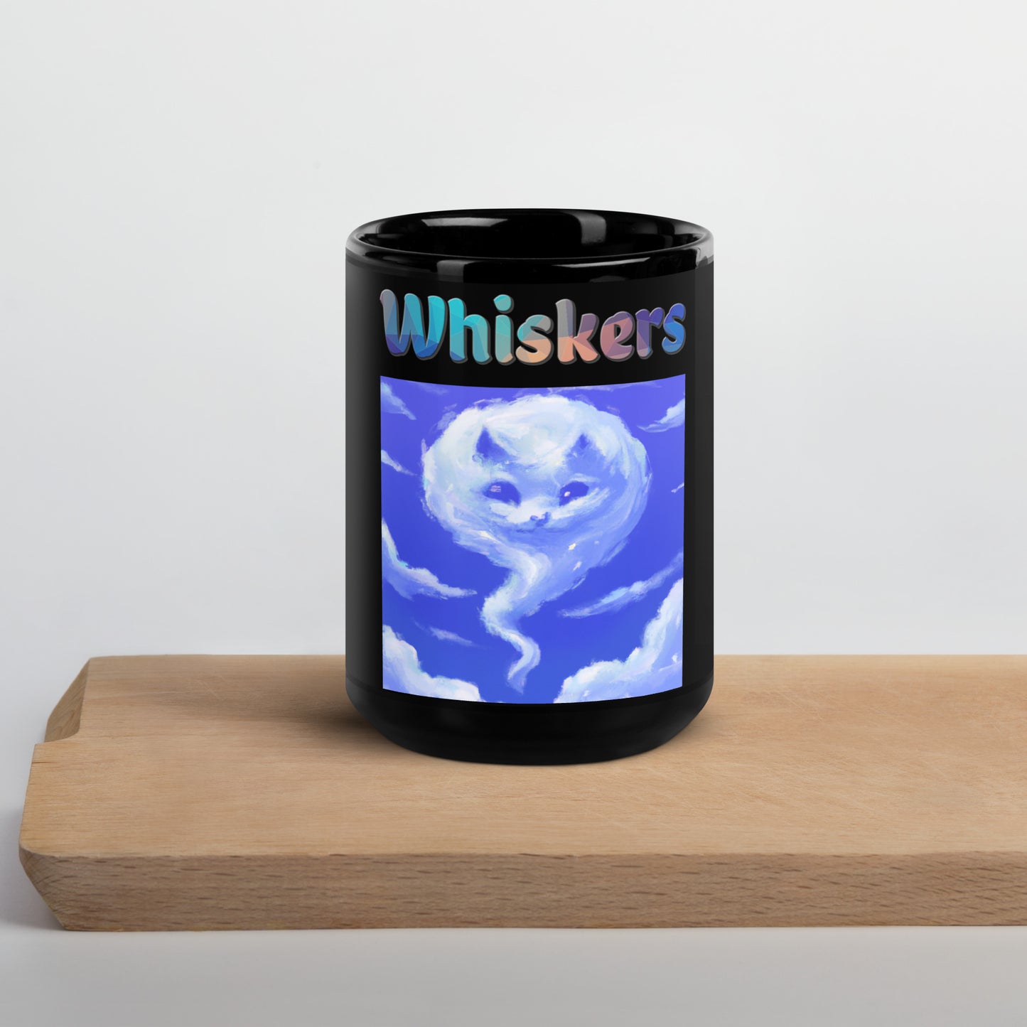 Black Glossy Mug with Cloud With a Cat Face with text "Whiskers" at $25.97 found at Personalizedpetlovergifts