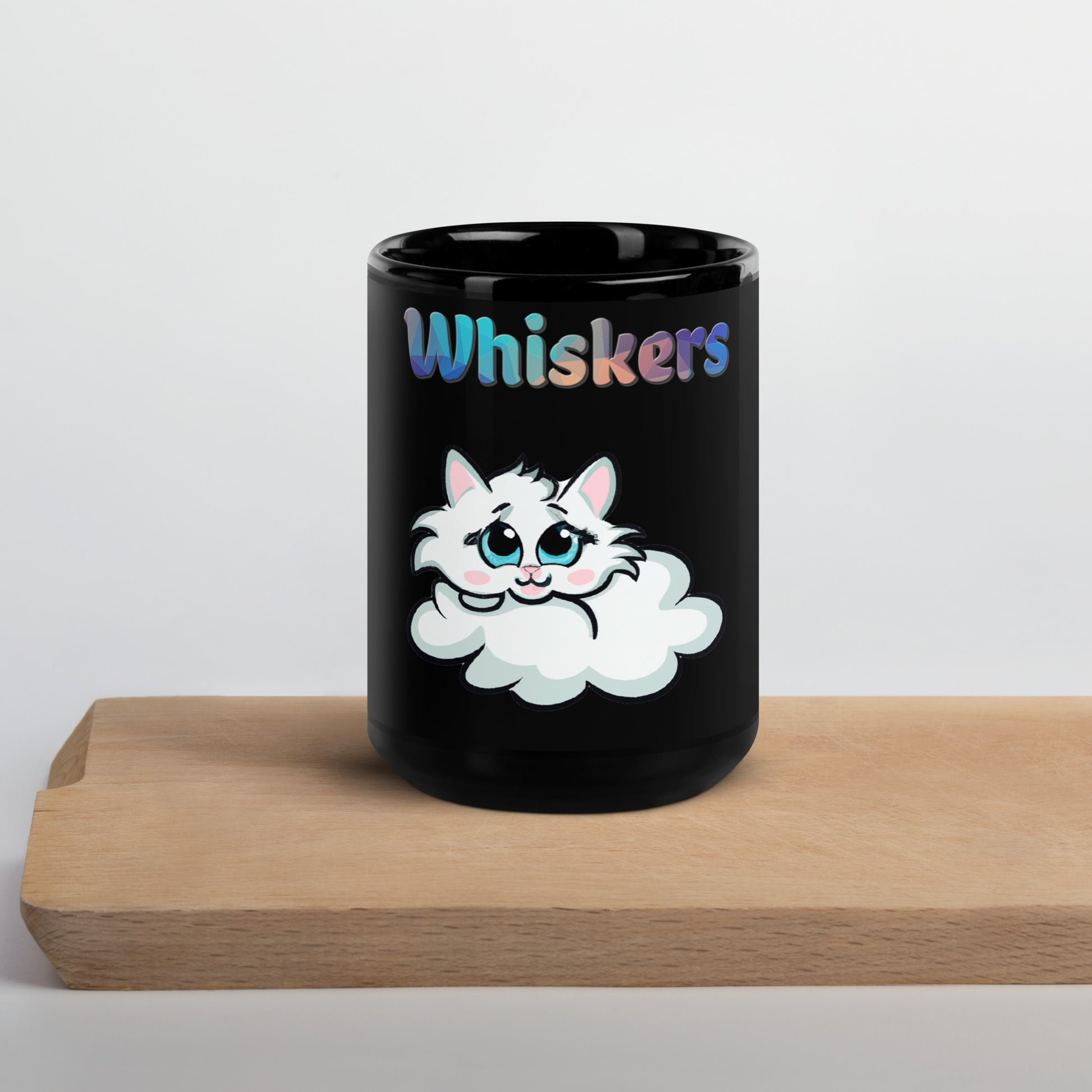 Black Glossy Mug with Cloud Kitten with text "Whiskers" at $25.97 found at Personalizedpetlovergifts