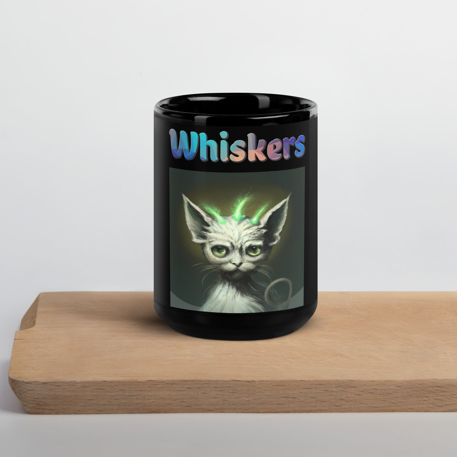 Black Glossy Mug with Cat With Green Alien Spikes with text "Whiskers" at $25.97 found at Personalizedpetlovergifts