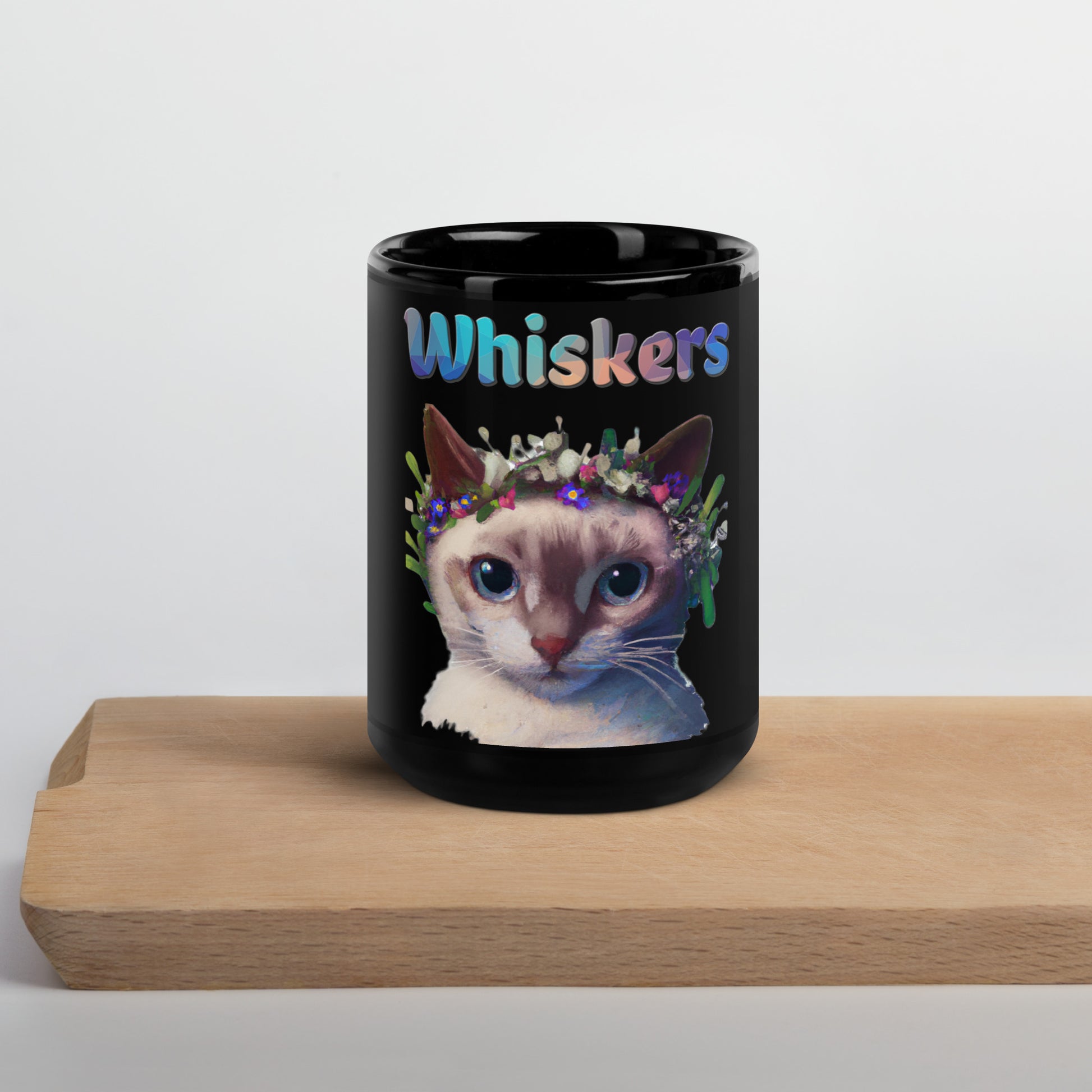 Black Glossy Mug with Cat With Flowers On Head with text "Whiskers" at $25.97 found at Personalizedpetlovergifts