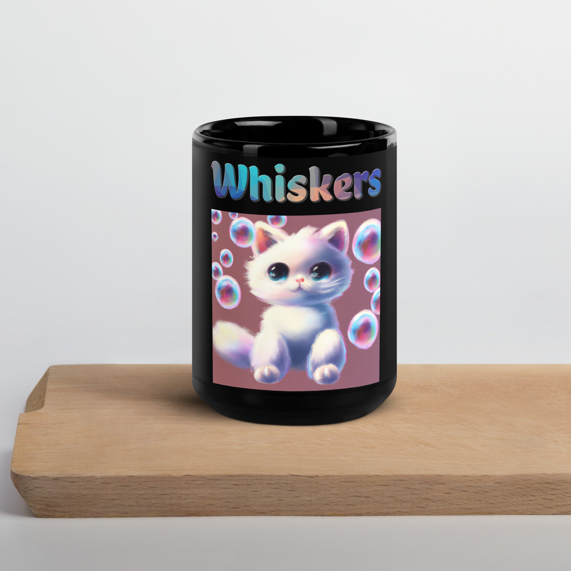 Black Glossy Mug with Cat With Bubbles with text "Whiskers" at $25.97 found at Personalizedpetlovergifts